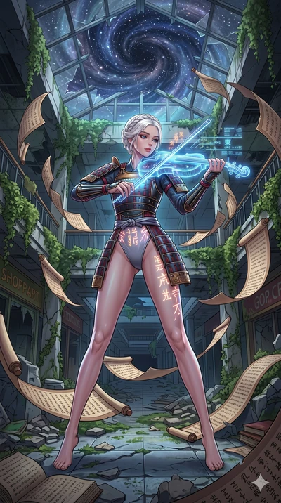 score_9, masterpiece, best quality, ultra-detailed, Set A: High-budget Anime Keyframe, Korean woman. Low angle cowboy shot filling the entire 9:16 frame with her statuesque presence. Theme: Historical Remix. playing a holographic violin in a ruined o