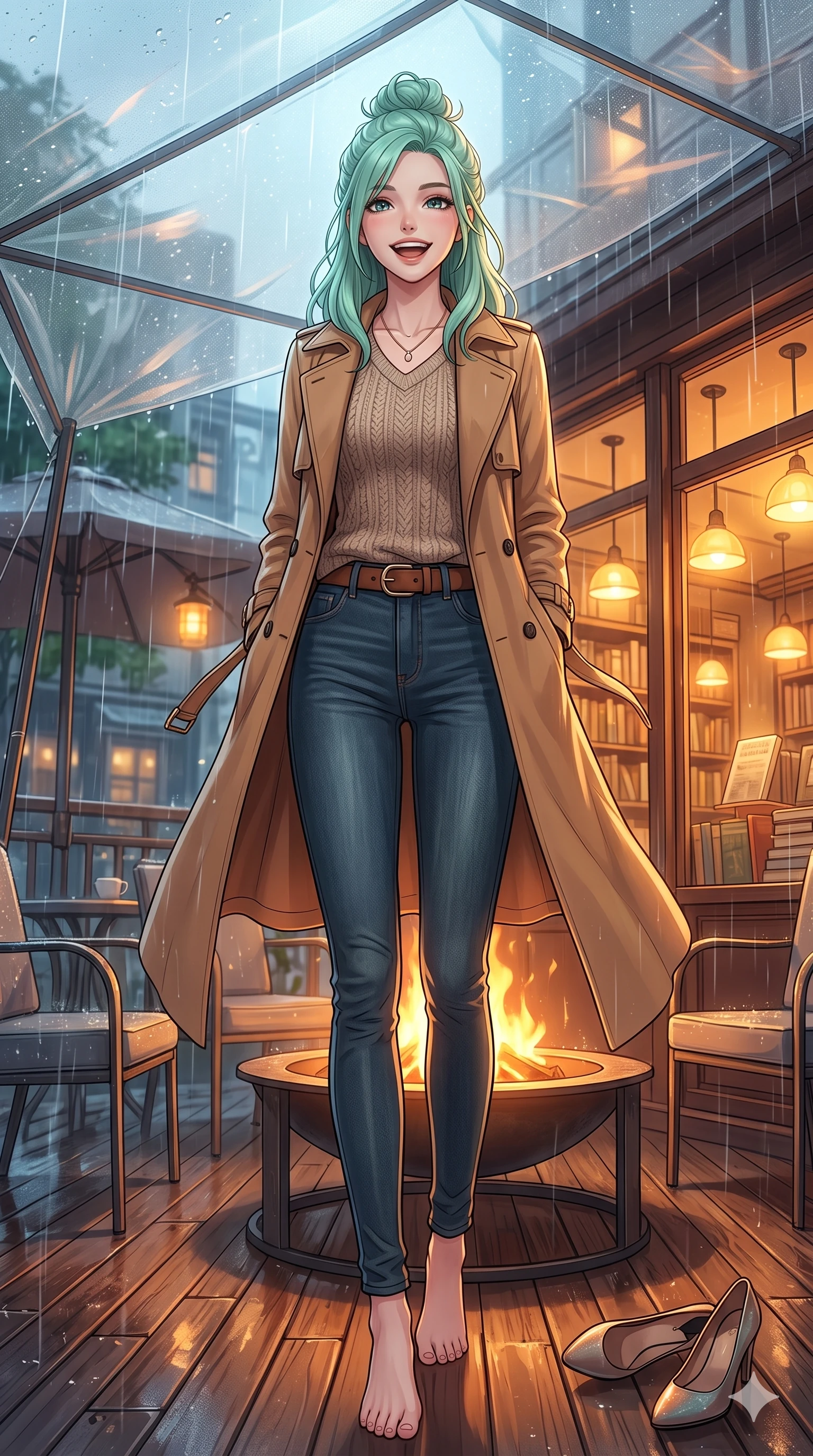 score_9, masterpiece, best quality, ultra-detailed, high-budget anime keyframe, vibrant anime aesthetic, Japanese woman. low angle full-body shot from head to toe showing her feet, filling the entire 9:16 vertical frame with her statuesque presence, stretching her vertical silhouette. She is standing in a sun shower, looking up with a happy, laughing expression, gazing warmly at the viewer with a gentle tilt of her head. on a private terrace with a warm outdoor fire pit, under a translucent canopy during a cool rain shower (Code-P22-017). She has an absolutely perfect 8-heads proportion, an exceptionally tall and slender female figure with impossibly long slender legs and an ultra-slim waist. V-shaped jawline, high-bridge nose, intricate jewel-like eyes with depth, thick eyelashes, glossy lips with a natural sheen. wearing a stylish trench coat in camel over a knit pullover and dark denim jeans with an elegant leather belt. She is illuminated by warm interior lights of a retro bookstore, casting a cozy glow, casting clean highlights that trace her slim waist in the rainy afternoon. 2k, ultra detail, master piece, 9:16 ratio