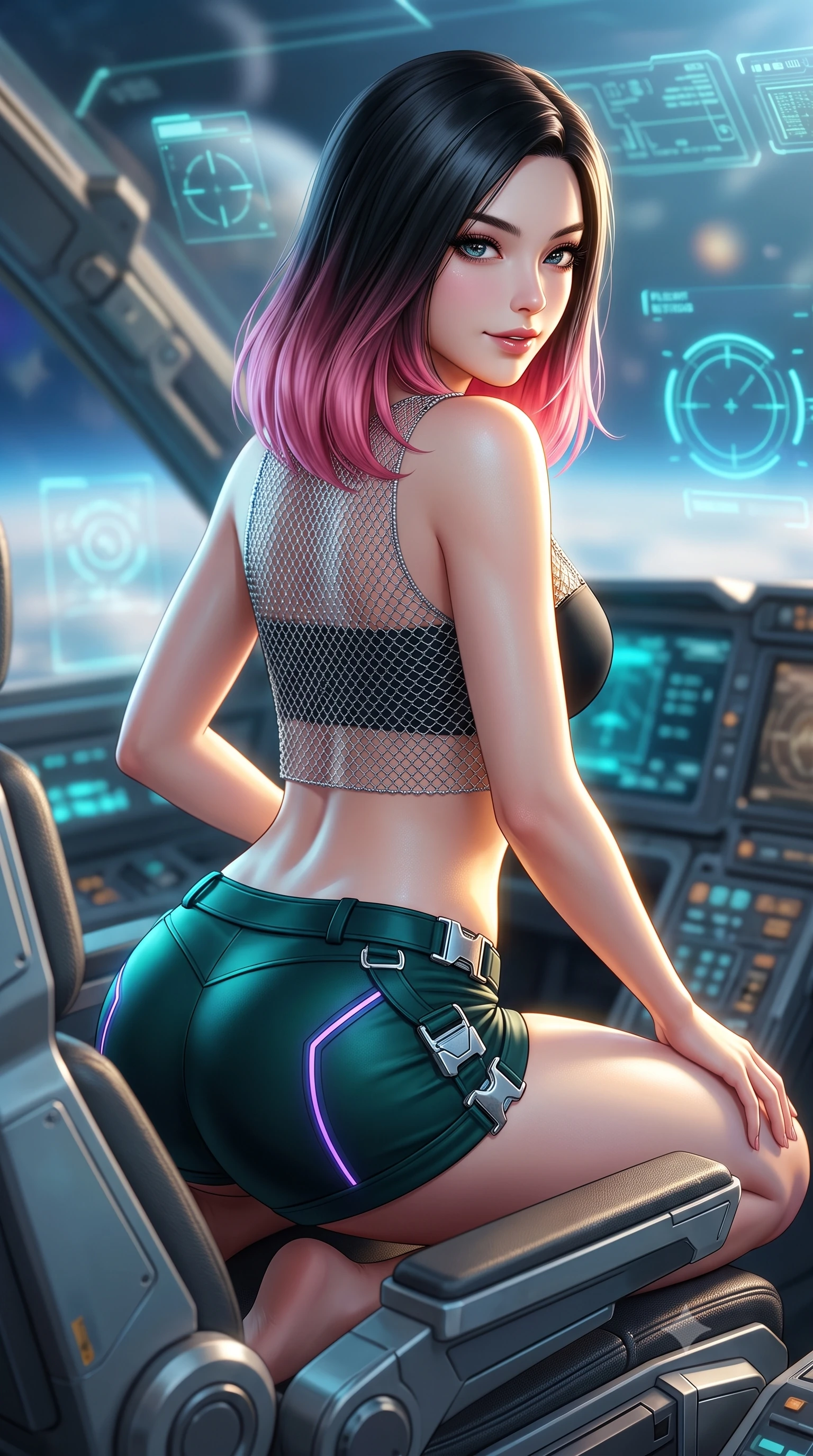 score_9, masterpiece, best quality, ultra-detailed, high-budget anime keyframe, semi-realistic 3D game render, editorial fashion photography, tasteful artistic composition, Korean woman. close-up cowboy shot from the waist and thighs up, the character dominates the composition, filling the frame with her large presence. posing in an alluring rear three-quarter angle, turning over a bare shoulder with an intoxicating gaze, her hips cocked back to highlight her slim hourglass curve against the glowing reactor while lounging back in the flight recliner propped on one elbow with one knee bent, her flat midriff and long slender limbs glowing in intense orbital light. The background shows a soft-focus floating holographic flight reticles and cockpit canopy micro-circuits softened in thrilling spaceflight shallow focus. She has an exceptionally elegant, slender, and willowy female figure with an ultra-slim waist, flat toned midriff, narrow ribcage, and sculpted feminine hips creating an alluring, slim hourglass silhouette without bulk. sharp v-shaped jawline, high-bridge nose, intricate jewel-like sparkling eyes with depth, thick eyelashes, glossy parted lips with a natural sheen, bright confident smile with an enchanting and coquettish sensual glint, exuding both youthful magnetic charm and sovereign high-tech allure, flawlessly proportioned anatomical accuracy, strict slender model proportions, natural body alignment, perfectly sculpted long slender limbs, ultra-slim waistline, clean dynamic posture without body distortion. wearing a delicate silver chainmail mesh crop top layered over a sculpted matte black bandeau with low-rise combat shorts in dark emerald teal and ultraviolet glow lines, formed from supple thermal silicone composite adhering seamlessly like a second skin, finished with polished chrome buckle hardware and modular magnetic holster clasps, the form-contouring cut accentuating her sculpted flat midriff, narrow delicate ribcage, and gracefully curvy hips with cybernetic supermodel precision. illuminated by instrument panel cyan bounce and sharp golden rim lights sculpting her sculpted collarbones, ultra-slim waist, and curvy hips. highly saturated vibrant anime colors, detailed shading with soft gradients, rich glossy textures, high-contrast stereoscopic depth, volumetric dynamic lighting, master piece, 9:16 ratio