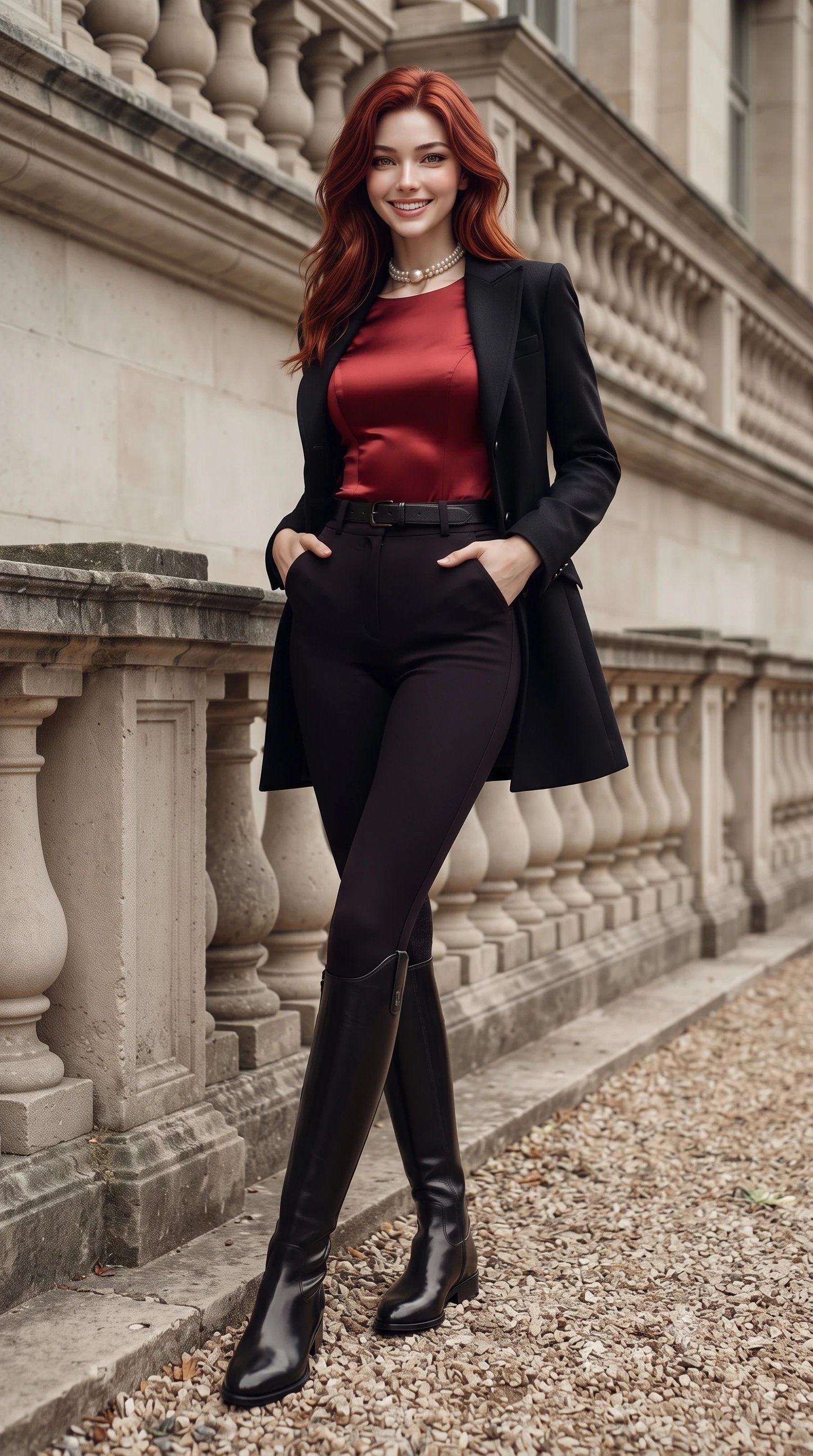 score_9, masterpiece, best quality, ultra-detailed, high-budget anime keyframe, editorial fashion photography, tasteful artistic composition, Caucasian woman. low angle full-body shot from head to toe showing her feet, filling the entire 9:16 vertical frame with her statuesque presence, stretching her vertical silhouette. standing poised beside the classical stone balustrade with one foot slightly forward, arching her lower back with regal supermodel grace while pausing at the edge of the striped Buren columns, striking a commanding fashion editorial stance with hands in tailored coat pockets. The surrounding environment is rendered in vivid detail and crisp panoramic clarity: sharp stone chisel marks on column bases, gravel pathway texture, and architectural cornice dentils in deep focus. She has an exceptionally tall and slender model-like 8.5-heads proportion, an ultra-slim waist, a flat toned midriff, narrow delicate ribcage, and beautifully sculpted feminine hips creating a graceful, slim hourglass silhouette without any bulky heaviness, with impossibly long slender legs. sharp v-shaped jawline, high-bridge nose, intricate jewel-like sparkling eyes with depth, thick eyelashes, glossy parted lips with a natural peach sheen, bright cheerful beaming smile with an enchanting and coquettish sensual glint, exuding both youthful cute charm and seductive allure, flawlessly proportioned anatomical accuracy, strict slender model proportions, natural body alignment, perfectly sculpted long slender limbs, ultra-slim waistline, clean dynamic posture without body distortion. wearing a form-fitting equestrian stretch bodysuit paired with snug tailored riding breeches and polished knee-high leather boots in Kyoto autumn maple crimson and deep ink black, crafted from lustrous liquid satin crepe that drapes in body-clinging ripples catching ambient lights, complemented by an antique baroque pearl choker accentuating her delicate neck and collarbones, the snug waist-cinching tailoring accentuating her ultra-slim waistline and the enchanting curve of her feminine hips with alluring seductive charm. illuminated by pale gravel courtyard bounce and sharp warm-gold rim lights defining her cheekbones and statuesque model proportions. ultra-reflective glossy finish, specular highlights, rich textural contrasts, high-contrast stereoscopic depth, volumetric dynamic lighting, 2k, ultra detail, master piece, 9:16 ratio