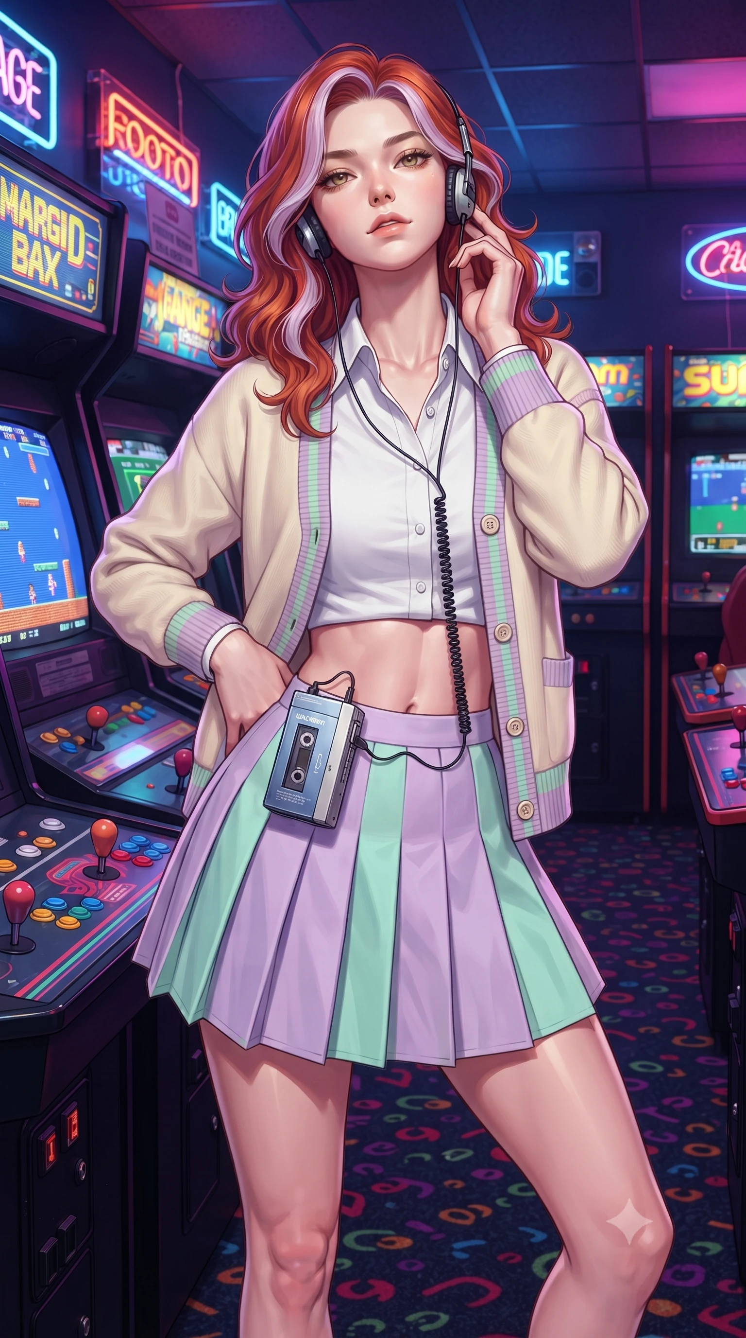 score_9, masterpiece, best quality, ultra-detailed, high-budget anime keyframe, editorial fashion photography, tasteful artistic composition, Caucasian woman. close-up cowboy shot from the waist and thighs up, the character dominates the composition, filling the frame with her large presence. tilting her chin up with proud, sovereign confidence while gazing directly into the lens with thick, dark eyelashes while standing in a buzzing 1980s neon arcade game center, wearing retro on-ear foam headphones plugged into a vintage cassette Walkman. The surrounding environment is rendered in vivid detail and crisp panoramic clarity. sharp CRT monitor scanlines, coin-op joystick and button details, and retro Walkman metallic casing in deep focus. She has an exceptionally elegant, slender, and willowy female figure with an ultra-slim waist, a gracefully sculpted slender torso, toned flat midriff, and a refined slim silhouette. sharp v-shaped jawline, high-bridge nose, intricate jewel-like eyes with depth, thick eyelashes, glossy lips with a natural sheen, captivating and magnetic expression, flawlessly proportioned anatomical accuracy, strict slender model proportions, natural body alignment, perfectly sculpted long slender limbs, ultra-slim waistline, clean dynamic posture without body distortion. wearing a preppy 80s varsity cardigan sweater layered over a crisp collared button-down shirt and a tennis pleated skirt in pastel lilac and mint green, made of crisp lightweight vintage crinkle nylon, finished with polished mother-of-pearl buttons and tailored flap pockets, the breezy yet form-flattering drape swaying gracefully with her steps, accentuating her long willowy limbs and slim waistline. illuminated by crisp directional highlights defining her toned midriff, slender waist, and long legs. ultra-reflective glossy finish, specular highlights, rich textural contrasts, high-contrast stereoscopic depth, volumetric dynamic lighting, 2k, ultra detail, master piece, 9:16 ratio