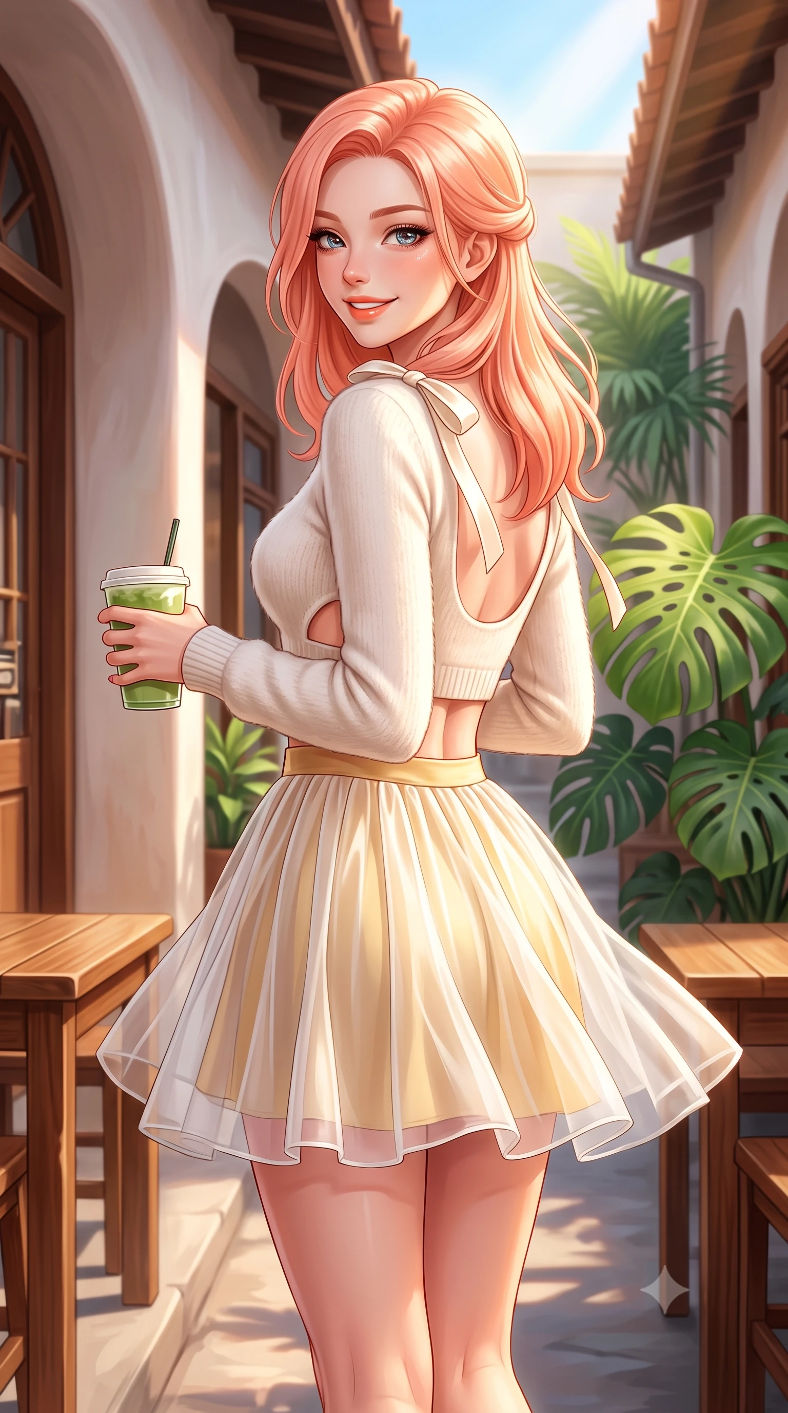 score_9, masterpiece, best quality, ultra-detailed, high-budget anime keyframe, semi-realistic 3D game render, editorial fashion photography, tasteful artistic composition, Japanese woman. close-up cowboy shot from the waist and thighs up, the character dominates the composition, filling the frame with her large presence. posing in an alluring rear three-quarter angle, turning over a bare shoulder with an intoxicating cute smile, her hips cocked back to highlight her slim hourglass curve while walking down the quiet heritage street with an iced matcha latte in hand, her form-contouring casual chic outfit accentuating her narrow waist and rounded hips. The surrounding environment is rendered in vivid detail and crisp panoramic clarity. sharp smooth plaster architectural curves, teak wood table textures, and monstera leaf veins in deep focus. She has an exceptionally elegant, slender, and willowy female figure with an ultra-slim waist, flat toned midriff, narrow ribcage, and sculpted feminine hips creating an alluring, slim hourglass silhouette without bulk. sharp v-shaped jawline, high-bridge nose, intricate jewel-like sparkling eyes with depth, thick eyelashes, glossy parted lips with a natural peach sheen, bright cheerful beaming smile with an enchanting and coquettish sensual glint, exuding both youthful cute charm and seductive allure, flawlessly proportioned anatomical accuracy, strict slender model proportions, natural body alignment, perfectly sculpted long slender limbs, ultra-slim waistline, clean dynamic posture without body distortion. wearing a soft angora crop knit sweater with a sheer pleated organza mini skirt over an opaque silk slip in pure alabaster white and sun-kissed gold, woven from layered gossamer organza with weightless flutter, finished with cute satin bow ribbons tying at the shoulders, the precision-cut side openings and low-back scoop framing her graceful spine and the sensual sweep of her slim, toned hips. bathed in warm, luminous tropical morning sunlight streaming into the secluded courtyard. highly saturated vibrant anime colors, detailed shading with soft gradients, rich glossy textures, high-contrast stereoscopic depth, volumetric dynamic lighting, master piece, 9:16 ratio