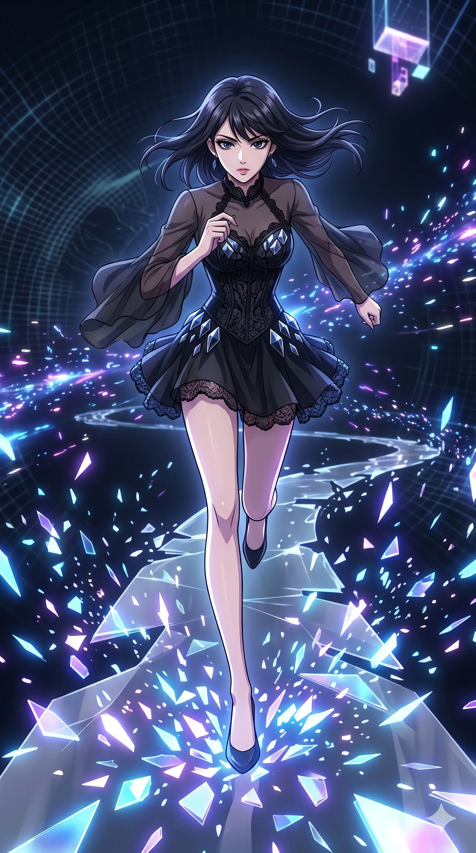 score_9, masterpiece, best quality, ultra-detailed, Set A: High-budget Anime Keyframe, Korean woman. Low angle cowboy shot filling the entire 9:16 frame with her statuesque presence. Sprinting through a virtual reality void, as the ground beneath her turns into 251 shards of light and surrounded by glowing energy sparks. She has an absolutely perfect 8-heads proportion, an exceptionally tall and slender female figure with impossibly long slender legs and an ultra-slim waist. Sharp v-shaped jawline, high-bridge nose, intricate jewel-like eyes with depth, thick eyelashes, glossy lips with a natural sheen. Wearing Gothic lace corset mini-dress with sheer bell-sleeves and obsidian glass scales. Cinematic lighting, vibrant colors, dramatic shadows, 2k, ultra detail, master piece, 9:16 ratio