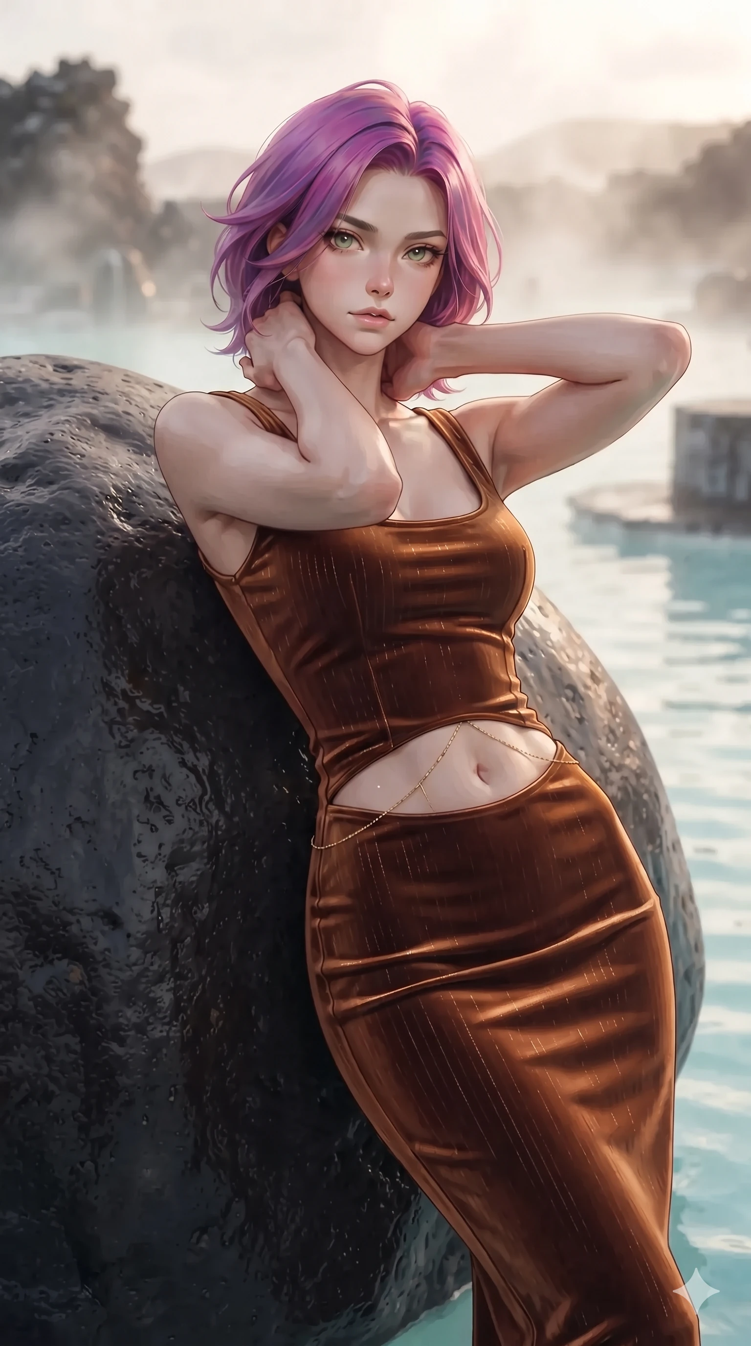 score_9, masterpiece, best quality, ultra-detailed, high-budget anime keyframe, editorial fashion photography, tasteful artistic composition, Caucasian woman. close-up cowboy shot from the waist and thighs up, the character dominates the composition, filling the frame with her large presence. resting both hands lightly behind her neck with elbows raised, arching her spine to highlight her narrow waist, flat midriff, and breathtaking collarbones while leaning against a smooth volcanic rock boulder with hips cocked back, looking through floating steam eddies with heavy-lidded seductive eyes. The background shows a soft-focus geothermal steam haze softened in volcanic rock lagoon shallow focus. She has an exceptionally elegant, slender, and willowy female figure with an ultra-slim waist, flat toned midriff, narrow ribcage, and sculpted feminine hips creating an alluring, slim hourglass silhouette without bulk. sharp v-shaped jawline, high-bridge nose, intricate jewel-like sparkling eyes with depth, thick eyelashes, glossy parted lips with a natural sheen, intensely captivating and seductive bedroom-eyes expression, exuding both youthful cute charm and sovereign luxury allure, flawlessly proportioned anatomical accuracy, strict slender model proportions, natural body alignment, perfectly sculpted long slender limbs, ultra-slim waistline, clean dynamic posture without body distortion. wearing a tailored liquid velvet bodycon dress with metallic fiber pinstripes following her statuesque 8.5-heads silhouette in rich copper bronze and warm amber, crafted from bespoke double-faced cashmere with an exceptionally soft tactile finish, accented with a dainty gold belly chain resting across her flat midriff and curving hips, the bespoke structured tailoring following the natural line of her 8.5-heads silhouette with refined elegance. illuminated by wet stone reflection bounce and sharp silver-amber rim lights sculpting her razor-sharp jawline, narrow waist, and curvy hips. ultra-reflective glossy finish, specular highlights, rich textural contrasts, high-contrast stereoscopic depth, volumetric dynamic lighting, 2k, ultra detail, master piece, 9:16 ratio