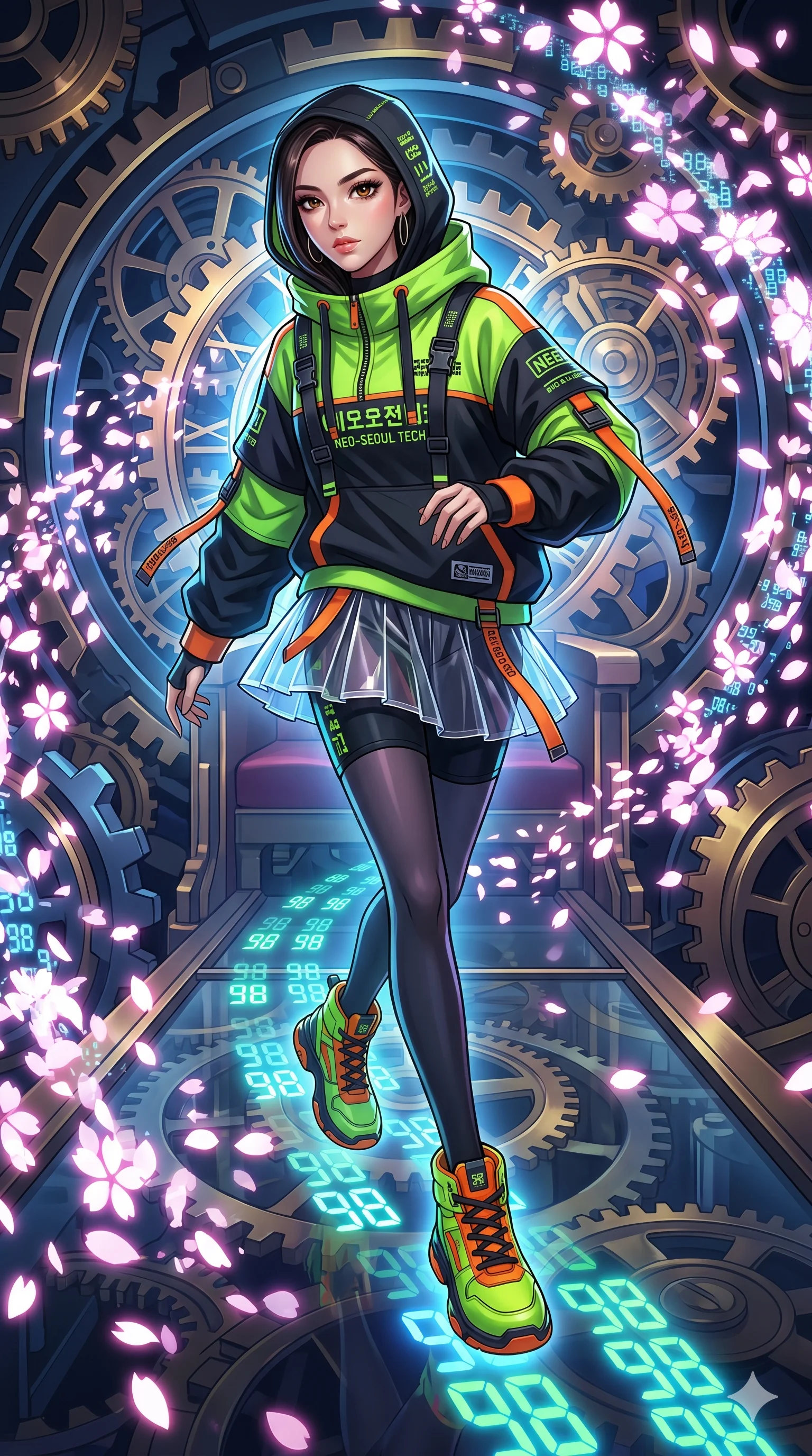 score_9, masterpiece, best quality, ultra-detailed, Set A: High-budget Anime Keyframe, Korean woman. Upper body close-up from the thighs up, character filling the screen for maximum presence. Sliding through a throne of gears, as she leaves a trail of 98 glowing footprints and surrounded by digital sakura petals. She has an absolutely perfect 8-heads proportion, an exceptionally tall and slender female figure with impossibly long slender legs and an ultra-slim waist. Sharp v-shaped jawline, high-bridge nose, intricate jewel-like eyes with depth, thick eyelashes, glossy lips with a natural sheen. Wearing Streetwear tech-hoodie with a transparent PVC skirt and neon sneakers. Cinematic lighting, vibrant colors, dramatic shadows, 2k, ultra detail, master piece, 9:16 ratio