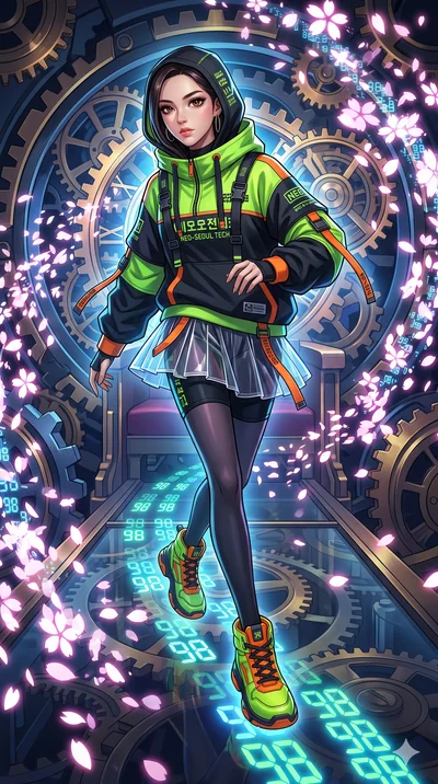 score_9, masterpiece, best quality, ultra-detailed, Set A: High-budget Anime Keyframe, Korean woman. Upper body close-up from the thighs up, character filling the screen for maximum presence. Sliding through a throne of gears, as she leaves a trail o