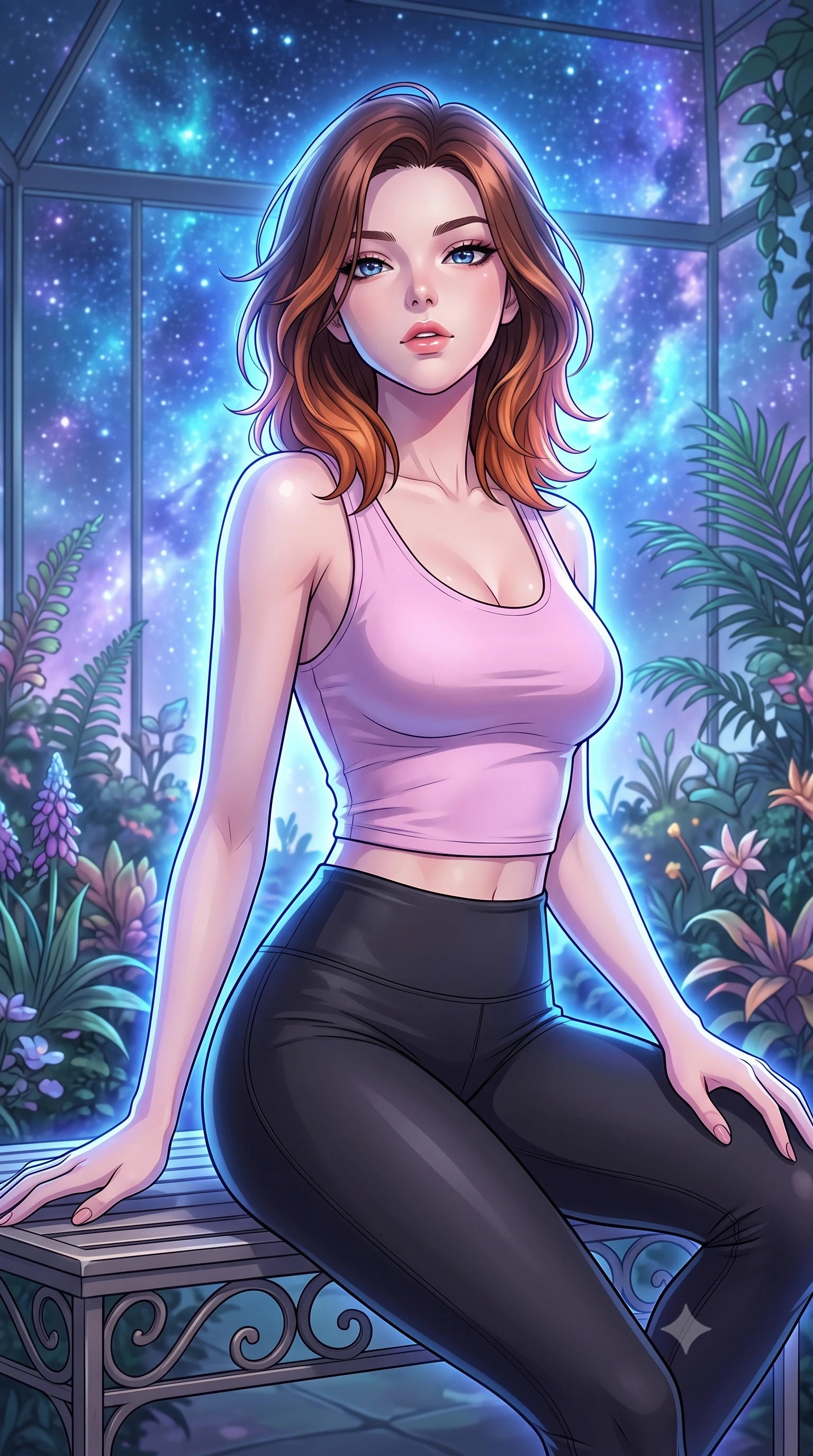 score_9, masterpiece, best quality, ultra-detailed, high-budget anime keyframe, tasteful artistic composition, Korean woman. close-up cowboy shot from the waist and thighs up, the character dominates the composition, filling the frame with her large presence, background elements kept in soft focus. tilting her chin up slightly with lips parted in a composed, provocative expression the background shows a soft-focus an indoor botanical sanctuary with glass walls looking at a starry nebula sky. She has an exceptionally elegant, slender, and willowy female figure with an ultra-slim waist, a gracefully sculpted slender torso, and a refined silhouette. sharp v-shaped jawline, high-bridge nose, intricate jewel-like eyes with depth, thick eyelashes, glossy lips with a natural sheen. wearing a form-contouring body-hugging light pink crop tank top paired with high-waisted tight-fitting leggings. cool blue and violet nebula glow wrapping her silhouette in a celestial wash. highly saturated vibrant anime colors, cel-shading, 2d style, master piece, 9:16 ratio