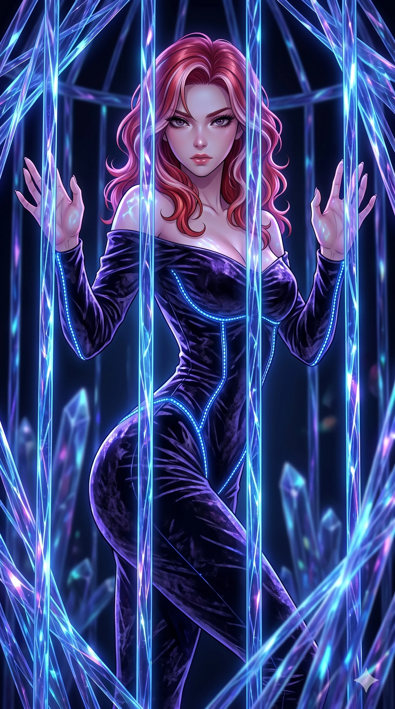 score_9, masterpiece, best quality, ultra-detailed, High-budget Anime Keyframe, East Asian woman. Dynamic full-body shot stretching the vertical silhouette to the limit. Scenario 212: Trapped in a cage of glowing crystalline fibers, body pressing against the bars. Her presence is magnetic and overpowering in this high-budget anime scene. Outfit 212: A crushed dark velvet second with a low-cut shoulder and glowing LED seams. The clothing is designed to emphasize her exceptionally tall and slender 8-heads proportion. 8-heads proportion, towering silhouette, ultra-slim waist. sharp v-shaped jawline, intricate jewel-like eyes with depth, thick eyelashes, glossy lips. 2k, ultra detail, master piece, 9:16 ratio