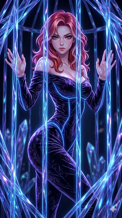 score_9, masterpiece, best quality, ultra-detailed, High-budget Anime Keyframe, East Asian woman. Dynamic full-body shot stretching the vertical silhouette to the limit. Scenario 212: Trapped in a cage of glowing crystalline fibers, body pressing aga