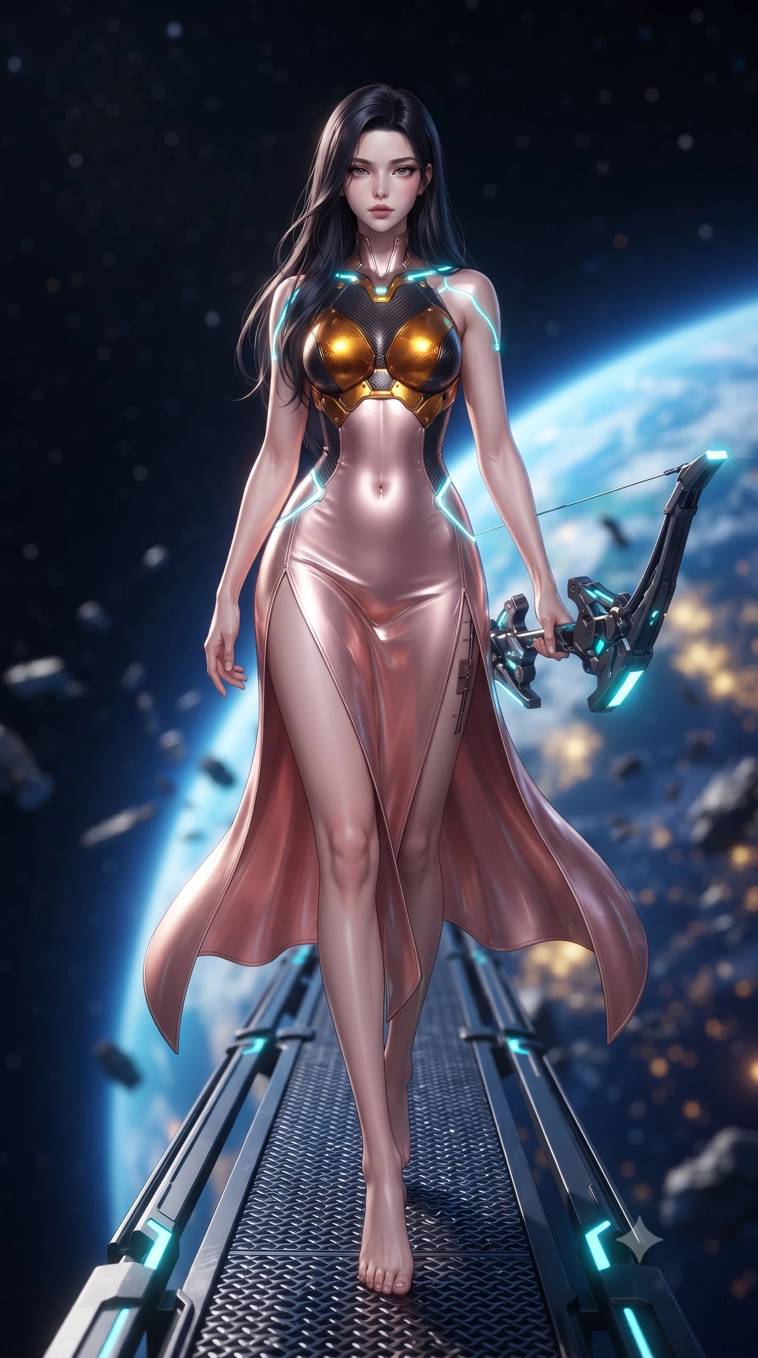 score_9, masterpiece, best quality, ultra-detailed, high-budget anime keyframe, editorial fashion photography, tasteful artistic composition, Korean woman. low angle full-body shot from head to toe showing her feet, filling the entire 9:16 vertical frame with her statuesque presence, stretching her vertical silhouette. performing an alluring mid-air combat landing with flawless poise, looking directly into the camera with regal, deadly intensity while stepping along a suspended gantry extending into the starry void with sniper rifle held in a relaxed, sovereign posture. The composition keeps background elements in soft focus with creamy bokeh. glowing blue curvature of planet Earth and floating orbital debris blurred into radiant azure, gold, and indigo bokeh. She has an absolutely perfect, statuesque 8.5-heads proportion, an exceptionally tall and slender model-like female figure with impossibly long slender legs, a toned flat midriff, and an ultra-slim waist. sharp v-shaped jawline, high-bridge nose, intricate jewel-like eyes with depth, thick eyelashes, glossy lips with a natural sheen, flawlessly proportioned anatomical accuracy, strict slender model proportions, natural body alignment, perfectly sculpted long slender limbs, ultra-slim waistline, clean dynamic posture without body distortion. wearing a form-fitting luminous rose-gold carbon combat gown with tactical side slits, wielding a floating magnetic energy bow with celestial poise in molten amber-gold carbon cuirass with dark titanium weave, crafted from ultra-strong woven carbon-fiber composite with a satin luster, accented with glowing fiber-optic conduits tracing her collarbones and hip curves, the form-contouring material adhering flawlessly to her sculpted flat midriff and slender torso, emphasizing her long leg lines and perfectly proportioned willowy build. illuminated by glowing cyan rifle charging lights and sharp specular highlights tracing her slender curves. ultra-reflective glossy finish, specular highlights, dark metallic sheen, high-contrast stereoscopic depth, volumetric dynamic lighting, 2k, ultra detail, master piece, 9:16 ratio