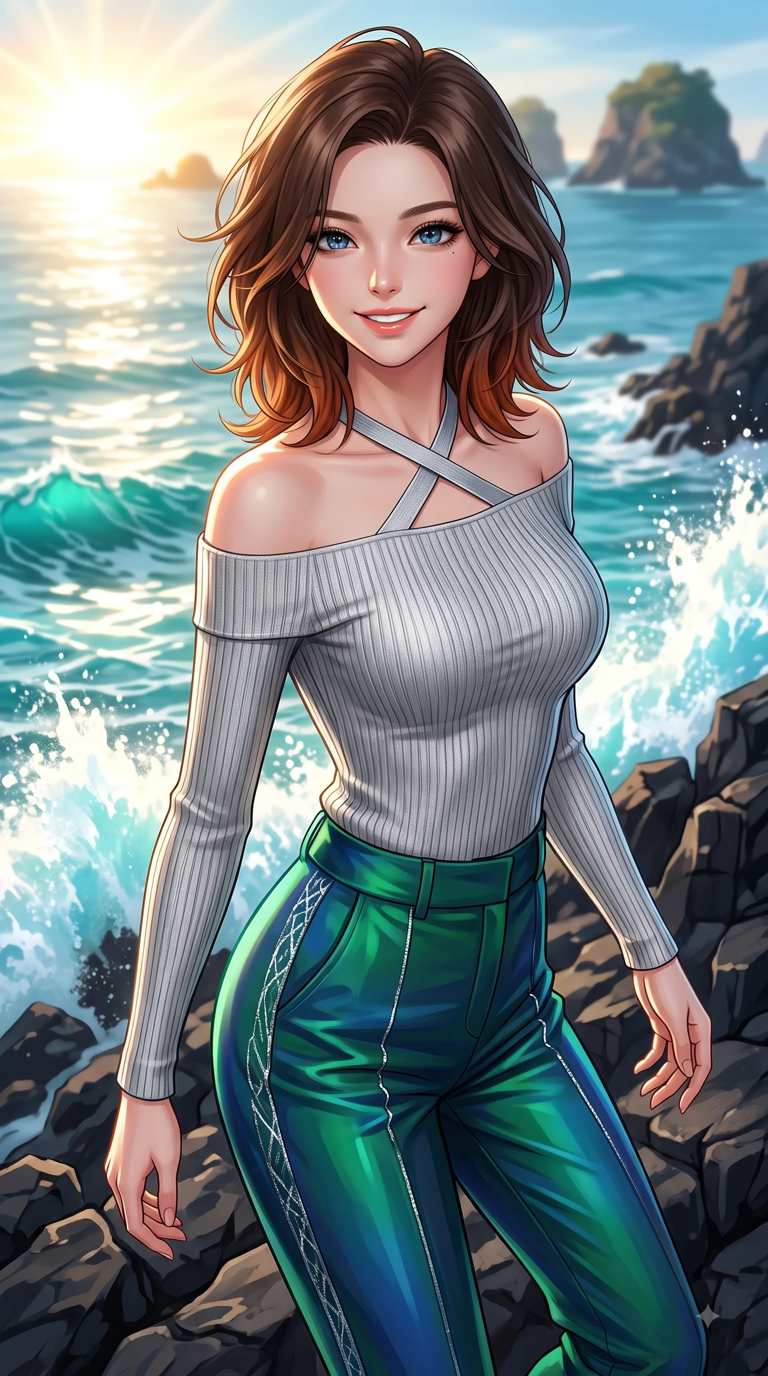 score_9, masterpiece, best quality, ultra-detailed, high-budget anime keyframe, editorial fashion photography, tasteful artistic composition, Korean woman. close-up cowboy shot from the waist and thighs up, the character dominates the composition, filling the frame with her large presence, background elements kept in soft focus. Youthful bright smile exuding pure cute charm and fresh energy, her torso turning dynamically into the lens while pivoting gracefully on dark basalt sea rocks as turquoise ocean waves splash nearby, crystal-clear turquoise water waves reflecting intense sunny morning refractions. She has an exceptionally elegant, slender, and willowy female figure with an ultra-slim waist, a gracefully sculpted slender torso, and a refined silhouette. sharp v-shaped jawline, high-bridge nose, intricate jewel-like eyes with depth, thick eyelashes, glossy lips with a natural sheen, flawlessly proportioned anatomical accuracy, natural body alignment, perfectly sculpted elegant limbs, clean dynamic posture without body distortion. wearing a sleek off-shoulder ribbed knit top paired with high-waist tailored pants in deep emerald green and silver accent, crafted from iridescent chiffon that shifts colors in the light, complemented by criss-cross back straps highlighting her bare shoulders, the elegant draped fit framing her graceful clavicle and slender torso. illuminated by a glorious golden hour sunburst over deep blue island ocean waves. highly saturated vibrant anime colors, detailed shading with soft gradients, rich glossy textures, high-contrast stereoscopic depth, volumetric dynamic lighting, master piece, 9:16 ratio