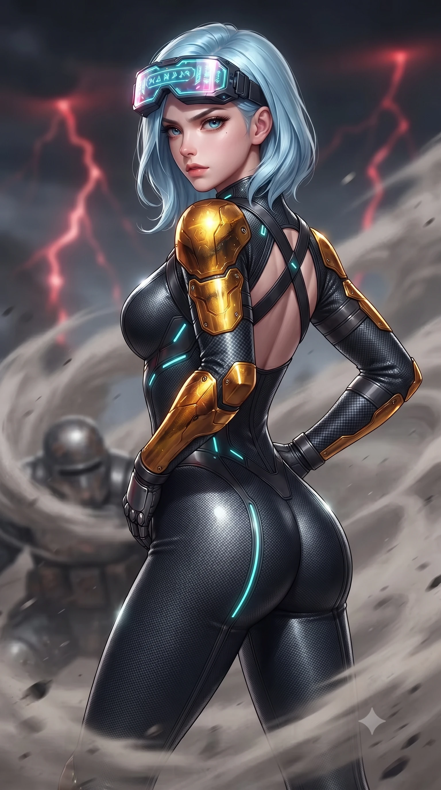 score_9, masterpiece, best quality, ultra-detailed, high-budget anime keyframe, editorial fashion photography, tasteful artistic composition, Korean woman. close-up cowboy shot from the waist and thighs up, the character dominates the composition, filling the frame with her large presence. resting one armored hand on her hip while glancing over her shoulder with thick eyelashes and an indomitable, smoldering combat gaze while pivoting dynamically as an ash whirlwind erupts around her, striking a grounded Panzer Kunst defensive guard. The composition keeps background elements in soft focus with creamy bokeh. distant red lightning storm forks and swirling volcanic ash sheets blurred into dark slate, crimson, and charcoal bokeh. She has an exceptionally elegant, slender, and willowy female figure with an ultra-slim waist, a gracefully sculpted slender torso, toned flat midriff, and a refined slim silhouette. sharp v-shaped jawline, high-bridge nose, intricate jewel-like eyes with depth, thick eyelashes, glossy lips with a natural sheen, fierce and resolute heroine expression, flawlessly proportioned anatomical accuracy, strict slender model proportions, natural body alignment, perfectly sculpted long slender limbs, ultra-slim waistline, clean dynamic posture without body distortion. wearing high-tech holographic tactical goggles resting tipped up on her forehead, casting glowing neon runes across her brow without obscuring her features, paired with a skin-tight dark carbon-weave combat bodysuit with glowing neon energy conduits and reinforced Damascus-pattern forearm strike guards in molten amber-gold carbon cuirass with dark gunmetal weave, tailored from flexible second-skin ballistic carbon-mesh adhering flawlessly to her athletic build, complemented by criss-cross back harness straps highlighting her completely bare spine, the glove-like aerodynamic second-skin fit tightly clinging to her ultra-slender waist and athletic curves without adding bulk, accentuating her razor-sharp statuesque lines and slim hourglass silhouette. illuminated by crisp white key light with sharp specular highlights tracing her ultra-slim waist and long legs. ultra-reflective glossy finish, specular highlights, dark metallic sheen, high-contrast stereoscopic depth, volumetric dynamic lighting, 2k, ultra detail, master piece, 9:16 ratio