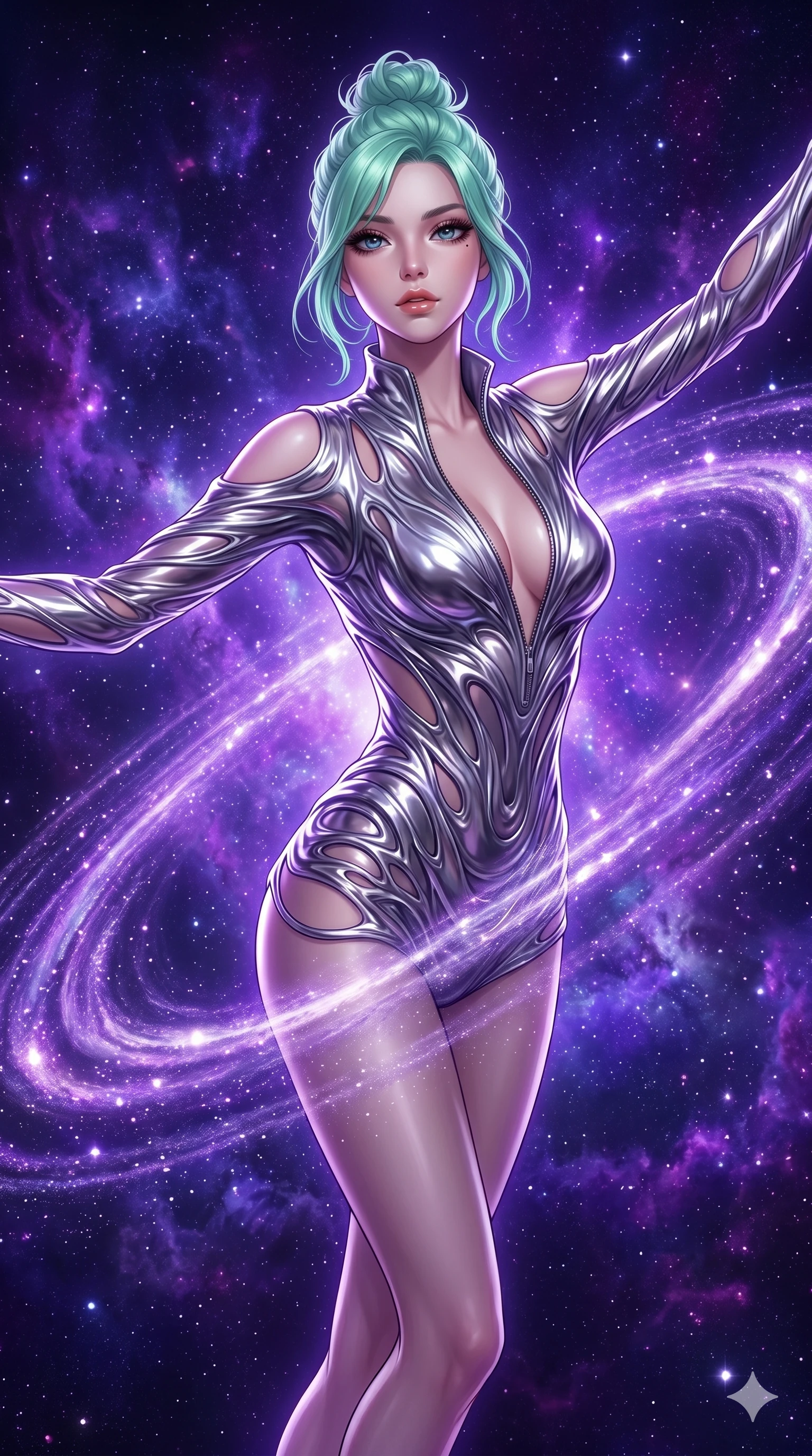 score_9, masterpiece, best quality, ultra-detailed, high-budget anime keyframe, editorial fashion photography, tasteful artistic composition, Japanese woman. Upper body close-up from the thighs up, character filling the screen for maximum presence. She is floating weightlessly inside a brilliant violet galaxy, surrounded by swirling cosmic dust rings. She spreads her arms in a graceful flying pose, looking toward the camera. She has an absolutely perfect 8-heads proportion, an exceptionally tall and slender female figure with impossibly long slender legs and an ultra-slim waist. V-shaped jawline, high-bridge nose, intricate jewel-like eyes with depth, thick eyelashes, glossy lips with a natural sheen. She is wearing a form-fitting top made of molten liquid-mercury fabric that clings to her curves, with strategic tear-drop shoulder cutouts and a dangerously unzipped front collar. The scene is bathed in brilliant purple starlight and a sharp white front key light highlighting her details. 2k, ultra detail, master piece, 9:16 ratio