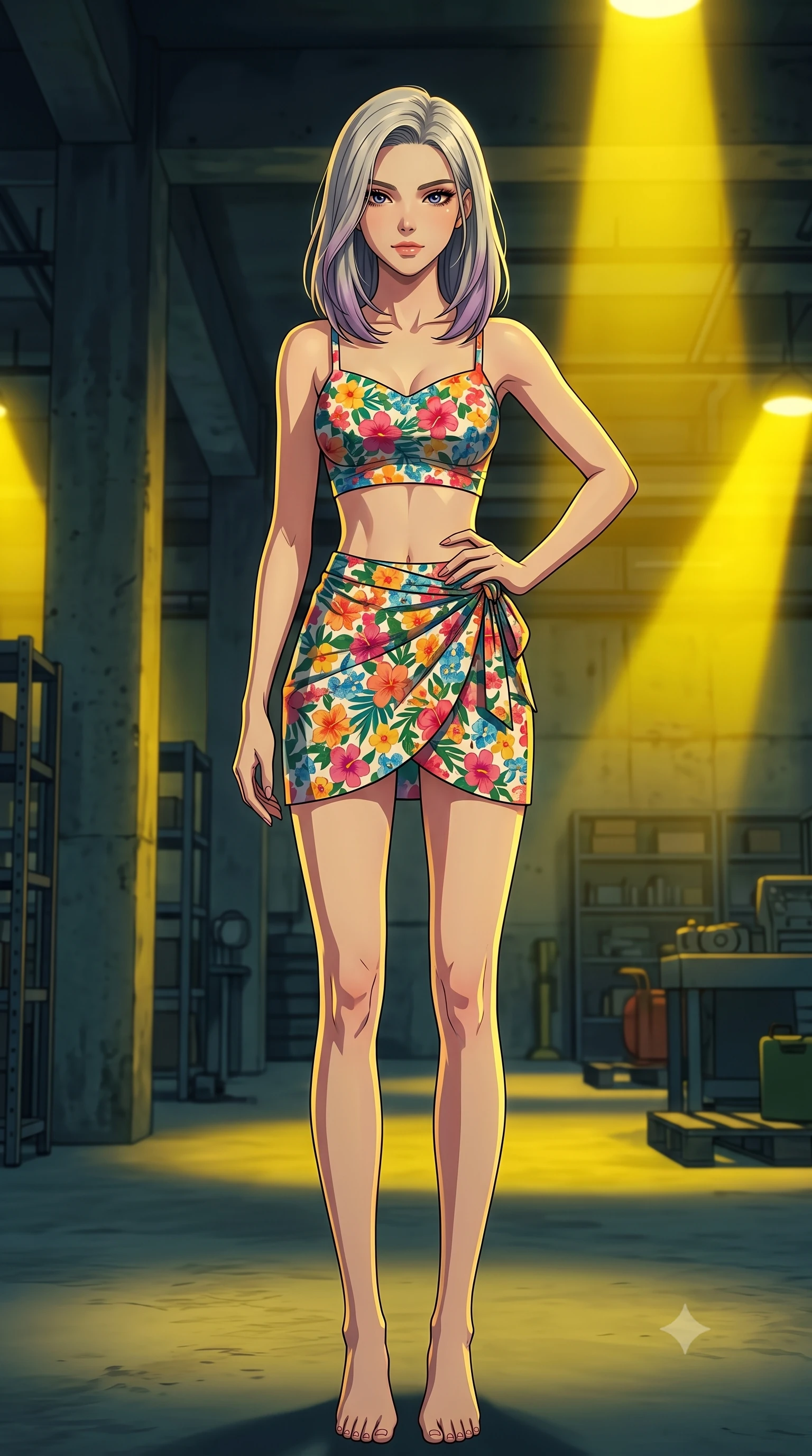 score_9, masterpiece, best quality, ultra-detailed, high-budget anime keyframe, tasteful artistic composition, Caucasian woman. low angle full-body shot from head to toe showing her feet, filling the entire 9:16 vertical frame with her statuesque presence, stretching her vertical silhouette. posing confidently with one hand on her hip, stretching her statuesque body to emphasize her curves the background shows a soft-focus a secret underground bunker garage with heavy concrete columns and steel racks. She has an absolutely perfect, statuesque 8.5-heads proportion, an exceptionally tall and slender model-like female figure with impossibly long slender legs and an ultra-slim waist. sharp v-shaped jawline, high-bridge nose, intricate jewel-like eyes with depth, thick eyelashes, glossy lips with a natural sheen. wearing a body-hugging summer vacation crop top and wrap skirt set in floral print cotton, showing her slim waist. harsh sodium yellow spotlights casting long dramatic industrial shadows. highly saturated vibrant anime colors, cel-shading, 2d style, master piece, 9:16 ratio