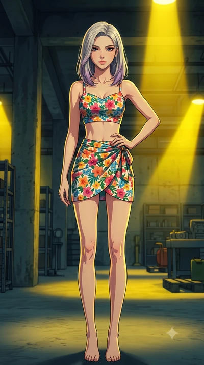 score_9, masterpiece, best quality, ultra-detailed, high-budget anime keyframe, tasteful artistic composition, Caucasian woman. low angle full-body shot from head to toe showing her feet, filling the entire 9:16 vertical frame with her statuesque pre