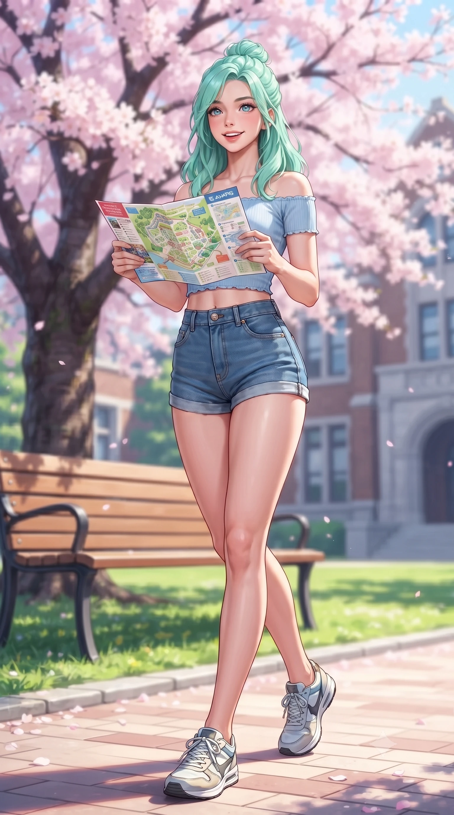score_9, masterpiece, best quality, ultra-detailed, high-budget anime keyframe, editorial fashion photography, tasteful artistic composition, Japanese woman. low angle full-body shot from head to toe showing her feet, filling the entire 9:16 vertical frame with her statuesque presence, stretching her vertical silhouette. stepping forward with an alluring, magnetic smile, her graceful posture highlighting her statuesque silhouette set against a soft-focus background of sitting on a wooden bench under a large, blooming cherry blossom tree on a college campus lawn looking at a campus map brochure with a cheerful, curious look. She has an absolutely perfect, statuesque 8.5-heads proportion, an exceptionally tall and slender model-like female figure with impossibly long slender legs and an ultra-slim waist. sharp v-shaped jawline, high-bridge nose, intricate jewel-like eyes with depth, thick eyelashes, glossy lips with a natural sheen. wearing slim-fit off-shoulder crop top in baby blue, paired with high-waist denim shorts. cool morning sunlight creating a fresh, energetic ambiance. highly saturated vibrant anime colors, detailed shading with soft gradients, rich glossy textures, high-contrast stereoscopic depth, volumetric dynamic lighting, master piece, 9:16 ratio