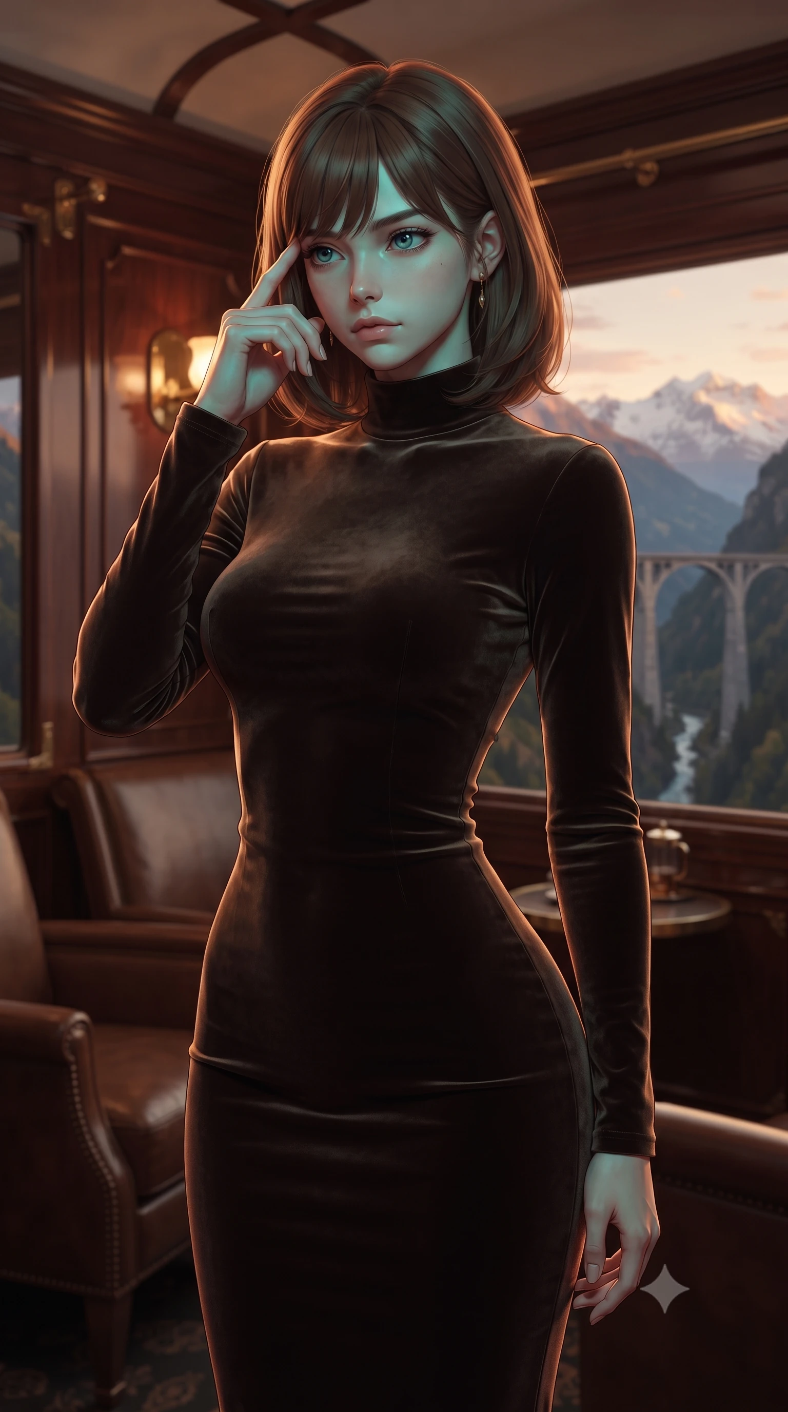 score_9, masterpiece, best quality, ultra-detailed, high-budget anime keyframe, editorial fashion photography, tasteful artistic composition, Caucasian woman, strictly human ears. close-up cowboy shot from the waist and thighs up, the character dominates the composition, filling the frame with her large presence, background elements kept in soft focus. Pressing two fingers to her temple in a composed thoughtful gesture. set against a soft-focus background of the observation car of a legendary luxury train crossing a spectacular mountain bridge at sunset with polished mahogany panels brass fittings leather armchairs and panoramic windows framing snow-capped peaks. She has an exceptionally elegant and slender, willowy female figure with an ultra-slim waist, a gracefully sculpted slender torso, and a refined slim physique. sharp v-shaped jawline, high-bridge nose, intricate jewel-like eyes with depth, thick eyelashes, glossy lips with a natural sheen. wearing a sleek long-sleeve bodycon dress in a dark espresso brown velvet, featuring an elegant high collar. warm amber rim lighting combined with cool teal fill light creating dramatic contrast. 2k, ultra detail, master piece, 9:16 ratio