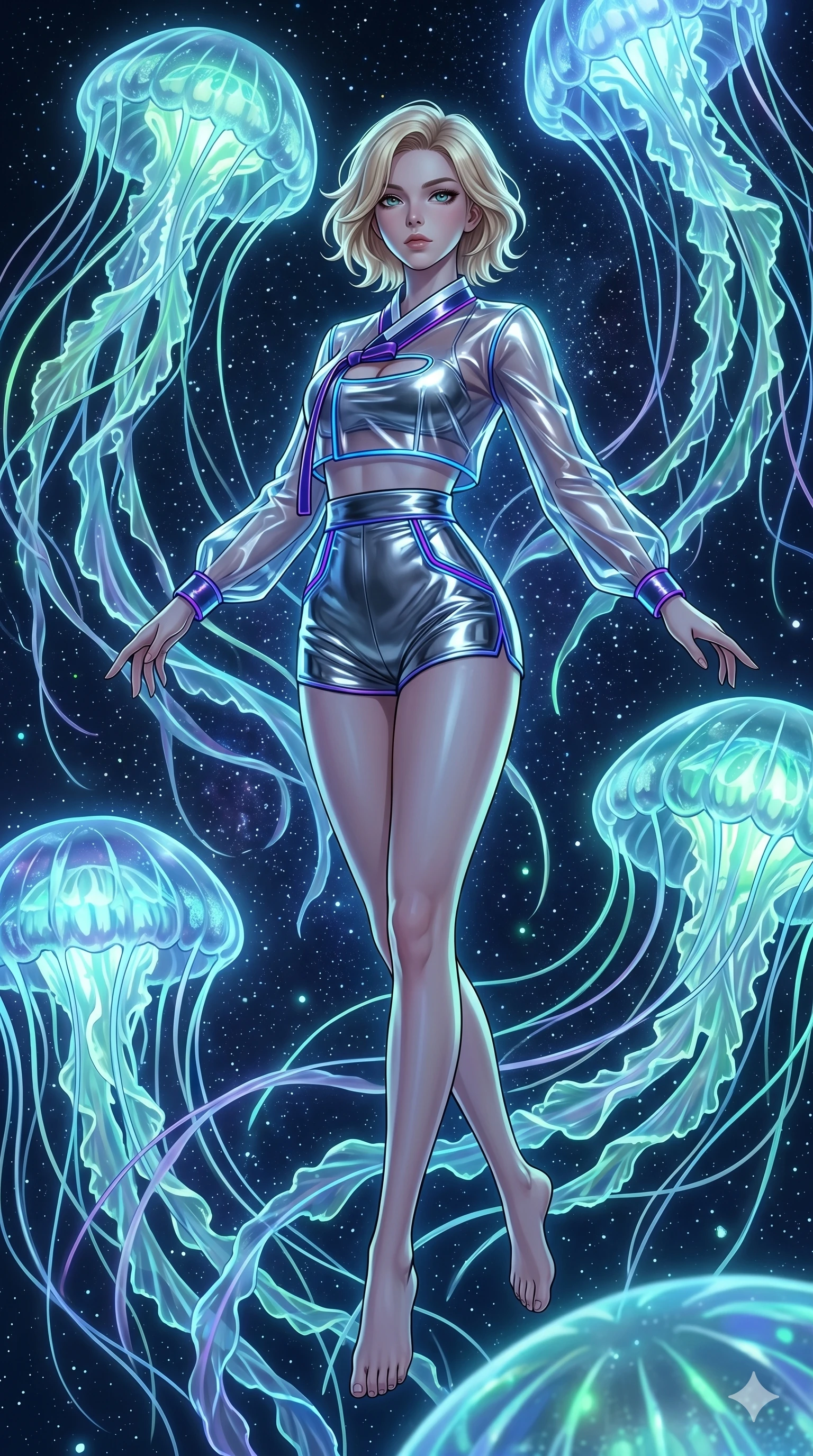 score_9, masterpiece, best quality, ultra-detailed, high-budget anime keyframe, Caucasian woman, strictly human ears. low angle full-body shot filling the entire 9:16 frame with her statuesque presence, stretching the vertical silhouette. swirling gracefully among the glowing ribbon-like tentacles of giant bioluminescent jellyfish floating in a starry sky garden. She has an absolutely perfect 8-heads proportion, an exceptionally tall and slender female figure with impossibly long slender legs and an ultra-slim waist. V-shaped jawline, high-bridge nose, intricate jewel-like eyes with depth, thick eyelashes, glossy lips with a natural sheen.. wearing a vinyl liquid mercury fusion hanbok, featuring a translucent chrome-silver vinyl jeogori and high-waist micro-shorts, detailed with glowing neon wire trims and a tasteful chest slit. accented by dynamic color-blocked lighting with high-contrast shadows emphasizing her statuesque height. 2k, ultra detail, master piece, 9:16 ratio