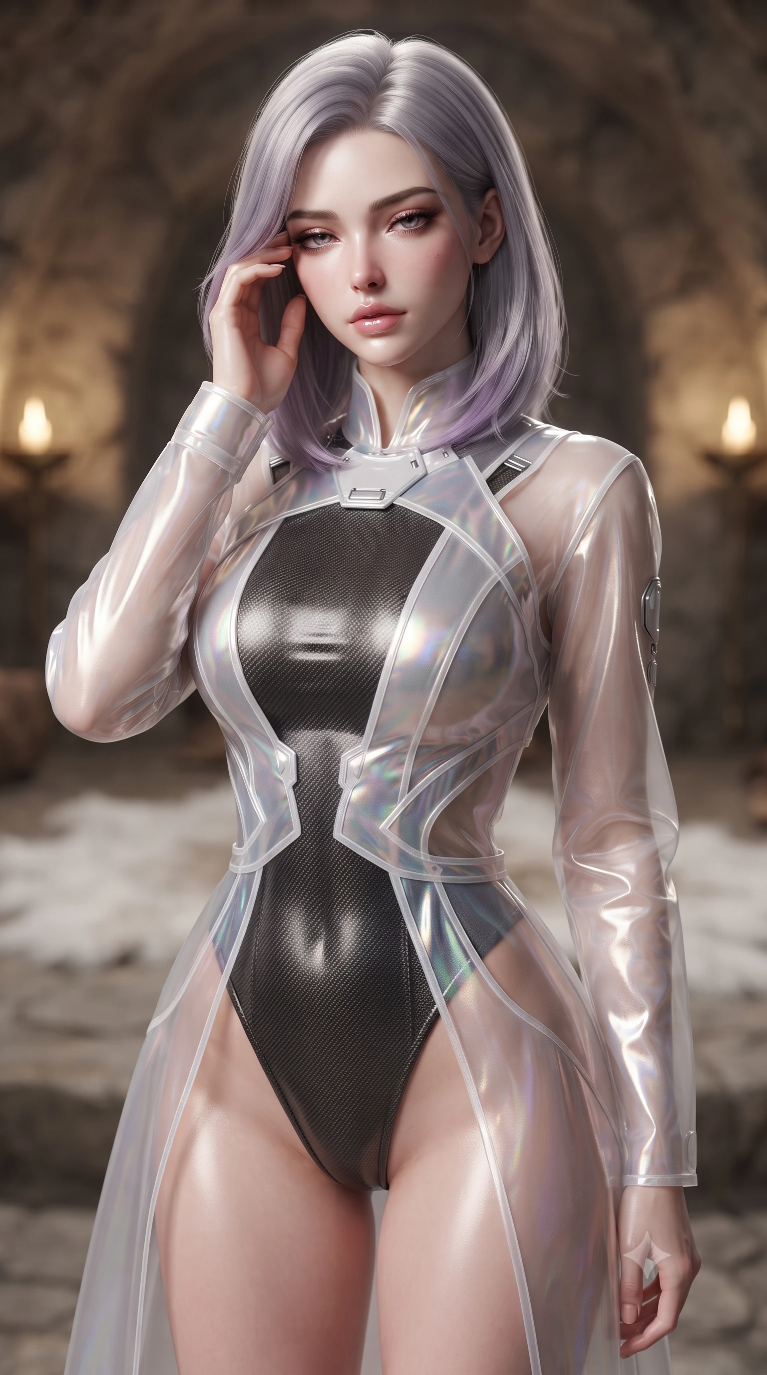 score_9, masterpiece, best quality, ultra-detailed, high-budget anime keyframe, editorial fashion photography, tasteful artistic composition, Caucasian woman. close-up cowboy shot from the waist and thighs up, the character dominates the composition, filling the frame with her large presence, background elements kept in soft focus. gently touching the side of her temple, casting a heavy-lidded, sultry look past the camera, the background shows a soft-focus a cave dome sanctuary chamber with white fur rugs and brass lamps. She has an exceptionally elegant, slender, and willowy female figure with an ultra-slim waist, a gracefully sculpted slender torso, and a refined silhouette. sharp v-shaped jawline, high-bridge nose, intricate jewel-like eyes with depth, thick eyelashes, glossy lips with a natural sheen. wearing a form-contouring sheer white holographic organza combat gown worn over a high-cut carbon-fiber leotard. low-contrast, soft warm ambient uplight casting a peaceful, gold glow. ultra-reflective glossy finish, specular highlights, metallic sheen, high-contrast stereoscopic depth, volumetric dynamic lighting, 2k, ultra detail, master piece, 9:16 ratio