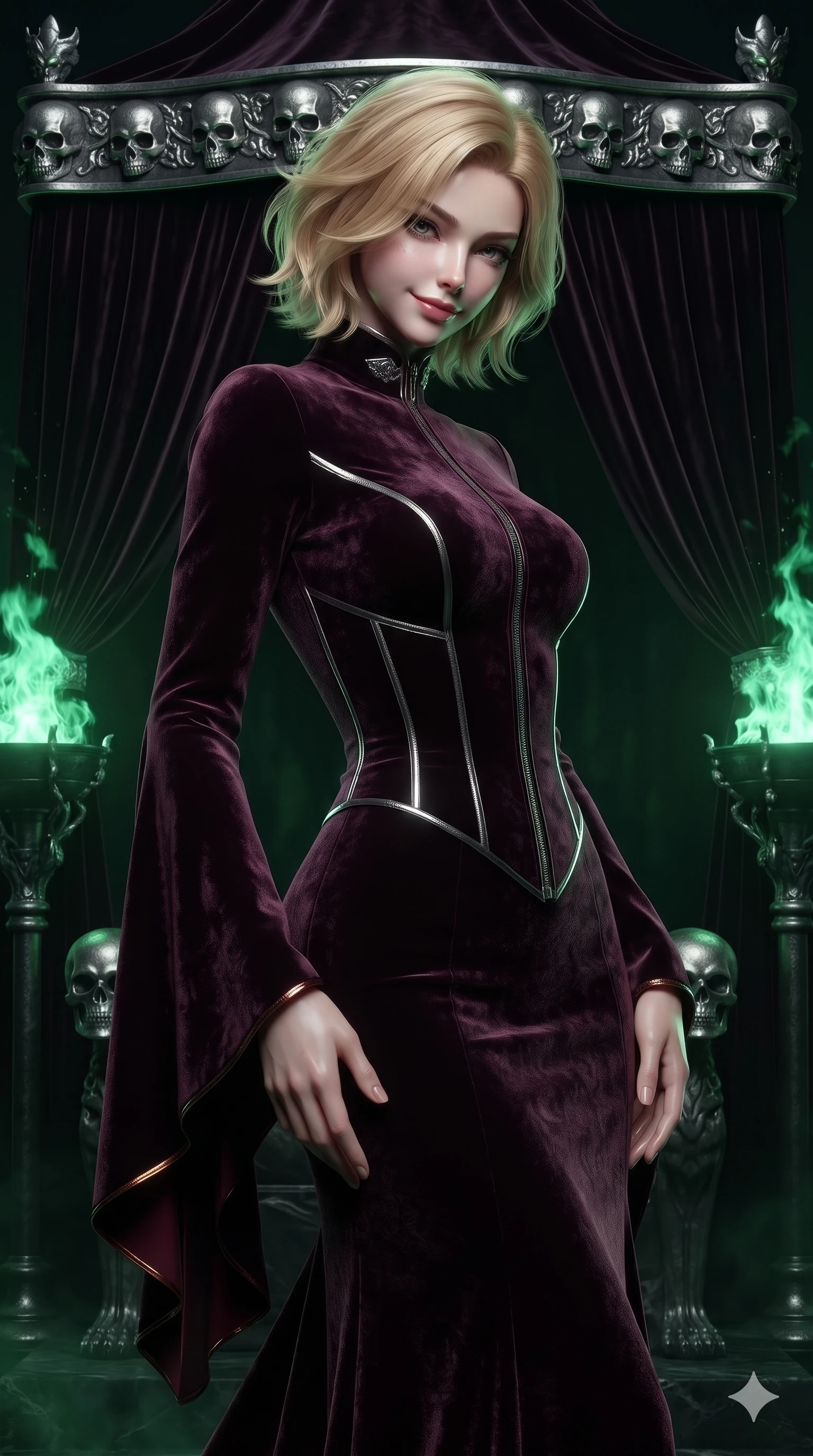 score_9, masterpiece, best quality, ultra-detailed, high-budget anime keyframe, editorial fashion photography, tasteful artistic composition, Caucasian woman. close-up cowboy shot from the waist and thighs up, the character dominates the composition, filling the frame with her large presence. tilting her head with a teasing half-smile, running one hand slowly down the side of her hip in a flirtatious S-curve while twisting her slender torso in an alluring contrapposto stance before the skull-embossed dais, emerald firelight carving specular highlights along her silhouette. The background shows a soft-focus draped dark velvet throne canopy folds, silver-embossed skull friezes, and dancing green witchfire braziers blurred into emerald, viridian, and jet-black bokeh. She has an exceptionally elegant, slender, and willowy female figure with an ultra-slim waist, flat toned midriff, narrow ribcage, and sculpted feminine hips creating an alluring, slim hourglass silhouette without bulk. sharp v-shaped jawline, high-bridge nose, intricate jewel-like dark sparkling eyes with hypnotic seductive depth, thick curled eyelashes, glossy parted lips with a natural wine sheen, alluring bedroom-eyes with an enigmatic smoldering smile, exuding magnetic sovereign charisma and dark avant-garde glamour, flawlessly proportioned anatomical accuracy, strict slender model proportions, natural body alignment, perfectly sculpted long slender limbs, ultra-slim waistline, clean dynamic posture without body distortion. wearing a gothic high-collar dark plum silk evening gown with long bell sleeves in deep wine burgundy and lustrous gold foil, tailored from crushed dark velvet with deep light-absorbing plush texture, finished with metallic silver boning and sleek zipper points, the bespoke structured tailoring following the natural line of her 8.5-heads silhouette with refined elegance. lit by regal theatrical key light and dramatic green firelight casting eerie specular highlights across obsidian surfaces. ultra-reflective glossy finish, specular highlights, metallic sheen, high-contrast stereoscopic depth, volumetric dynamic lighting, 2k, ultra detail, master piece, 9:16 ratio