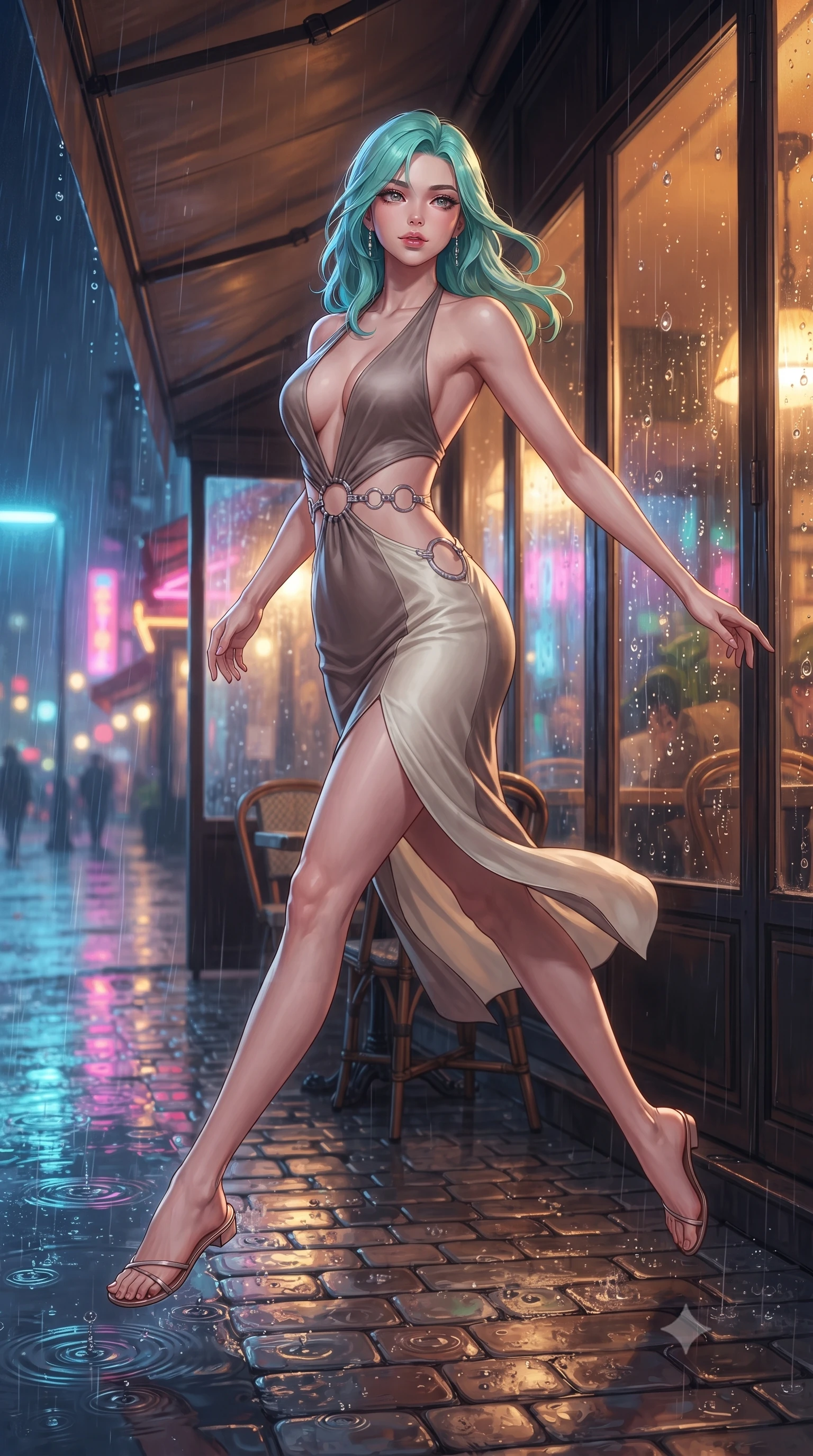 score_9, masterpiece, best quality, ultra-detailed, high-budget anime keyframe, editorial fashion photography, tasteful artistic composition, Japanese woman. low angle full-body shot from head to toe showing her feet, filling the entire 9:16 vertical frame with her statuesque presence, stretching her vertical silhouette. leaping gracefully through the environment with statuesque elegance and long slender legs resting on a covered outdoor café terrace as rain drops create ripples nearby, rain droplets glistening on the glass window with colorful neon reflections. She has an absolutely perfect, statuesque 8.5-heads proportion, an exceptionally tall and slender model-like female figure with impossibly long slender legs and an ultra-slim waist. sharp v-shaped jawline, high-bridge nose, intricate jewel-like eyes with depth, thick eyelashes, glossy lips with a natural sheen. wearing a deep-scoop halter bodycon dress with hip cutouts connected by silver rings in muted taupe and soft ivory, crafted from smooth liquid silk, accented with delicate chrome ring hardware framing her waist, the elegant draped fit framing her graceful clavicle and slender torso. illuminated by warm indoor golden amber light and cool rainy blue neon rim light. highly saturated vibrant anime colors, detailed shading with soft gradients, rich glossy textures, high-contrast stereoscopic depth, volumetric dynamic lighting, master piece, 9:16 ratio