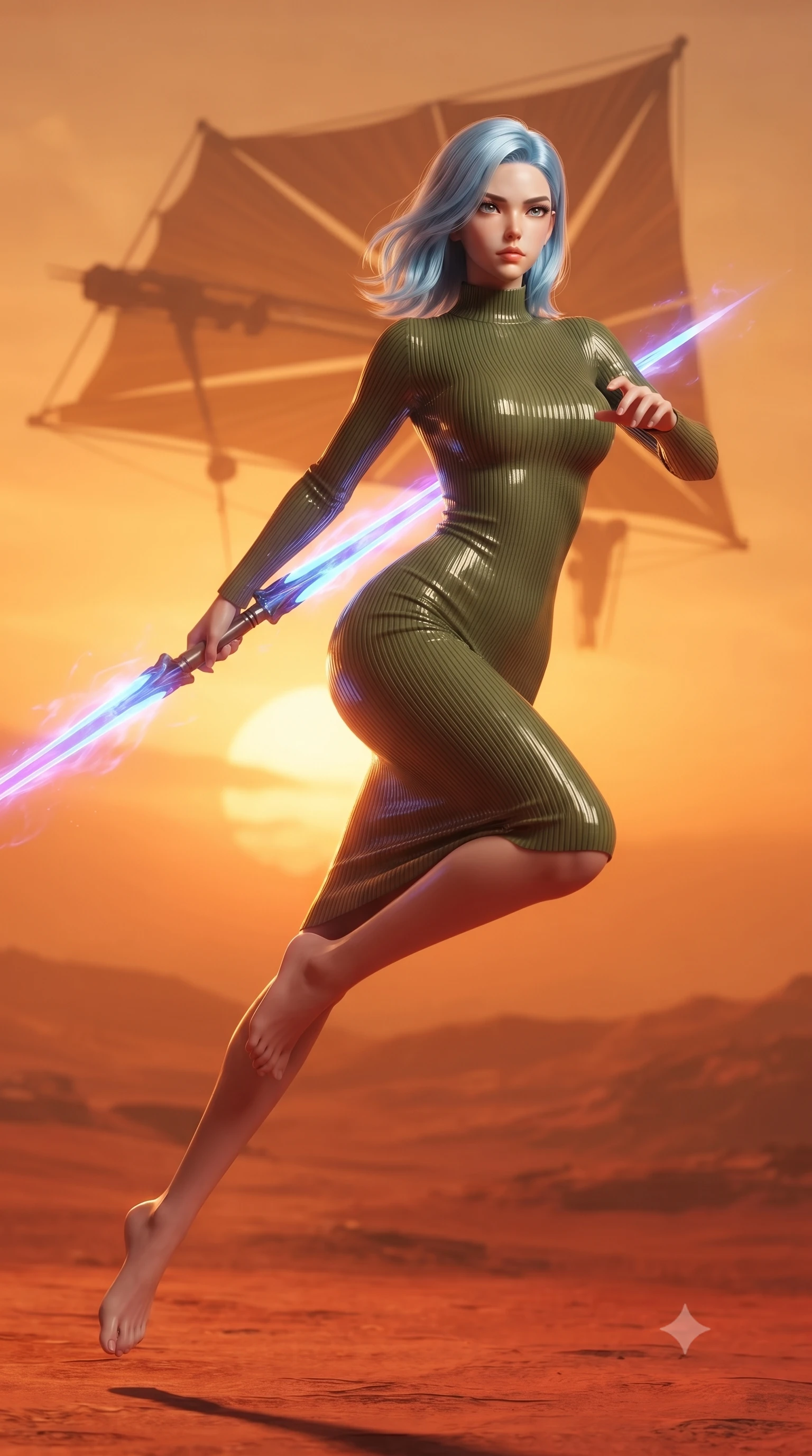 score_9, masterpiece, best quality, ultra-detailed, high-budget anime keyframe, editorial fashion photography, tasteful artistic composition, Korean woman. low angle full-body shot from head to toe showing her feet, filling the entire 9:16 vertical frame with her statuesque presence, stretching her vertical silhouette. leaping forward while slashing with a twin-bladed plasma sword in mid-air, her body-contouring suit showing her athletic silhouette, the background shows a soft-focus a high-altitude solar sail rig suspended over a red desert planet. She has an absolutely perfect, statuesque 8.5-heads proportion, an exceptionally tall and slender model-like female figure with impossibly long slender legs and an ultra-slim waist. sharp v-shaped jawline, high-bridge nose, intricate jewel-like eyes with depth, thick eyelashes, glossy lips with a natural sheen. wearing a body-hugging body-hugging ribbed carbon-fiber knit bodycon midi dress in olive green, featuring a snug mock-neck. the dramatic orange glow of a desert planet sunset casting long shadows. ultra-reflective glossy finish, specular highlights, metallic sheen, high-contrast stereoscopic depth, volumetric dynamic lighting, 2k, ultra detail, master piece, 9:16 ratio