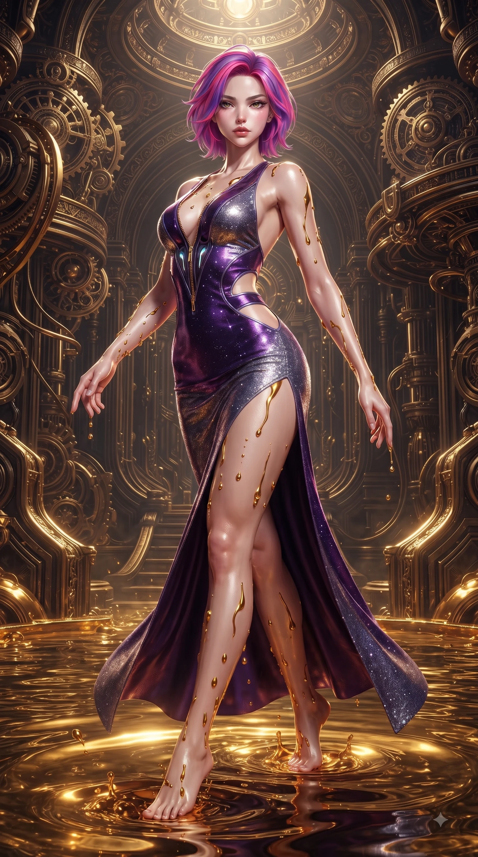 score_9, masterpiece, best quality, ultra-detailed, high-budget anime keyframe, editorial fashion photography, tasteful artistic composition, Caucasian woman. low angle full-body shot from head to toe showing her feet, filling the entire 9:16 vertical frame with her statuesque presence, stretching her vertical silhouette. pivoting dynamically in mid-motion with a breathtakingly alluring posture, displaying her flawless model proportions and ultra-slim waist while rising slowly from a shimmering pool of liquid gold with molten golden droplets tracing her skin. The surrounding environment is rendered in vivid detail and crisp panoramic clarity. rich chiaroscuro lighting and intricate cyber-temple architectural textures rendered in panoramic clarity. She has an absolutely perfect, statuesque 8.5-heads proportion, an exceptionally tall and slender model-like female figure with impossibly long slender legs and an ultra-slim waist. sharp v-shaped jawline, high-bridge nose, intricate jewel-like eyes with depth, thick eyelashes, glossy lips with a natural sheen, flawlessly proportioned anatomical accuracy, natural body alignment, perfectly sculpted elegant limbs, clean dynamic posture without body distortion. wearing a backless crushed velvet gown with a deep V-neckline, strategic hip cutouts, and an ultra-high thigh slit in dark amethyst purple and shimmering starlight silver, made of liquid metal jersey that clings flawlessly to every contour of her build, featuring a dangerously unzipped neckline framed by glowing cybernetic accents, the form-contouring second-skin material highlighting her ultra-slim waist and long lines. bathed in shimmering gold reflections from the liquid pool and sharp directional key lights. ultra-reflective glossy finish, specular highlights, metallic sheen, high-contrast stereoscopic depth, volumetric dynamic lighting, 2k, ultra detail, master piece, 9:16 ratio