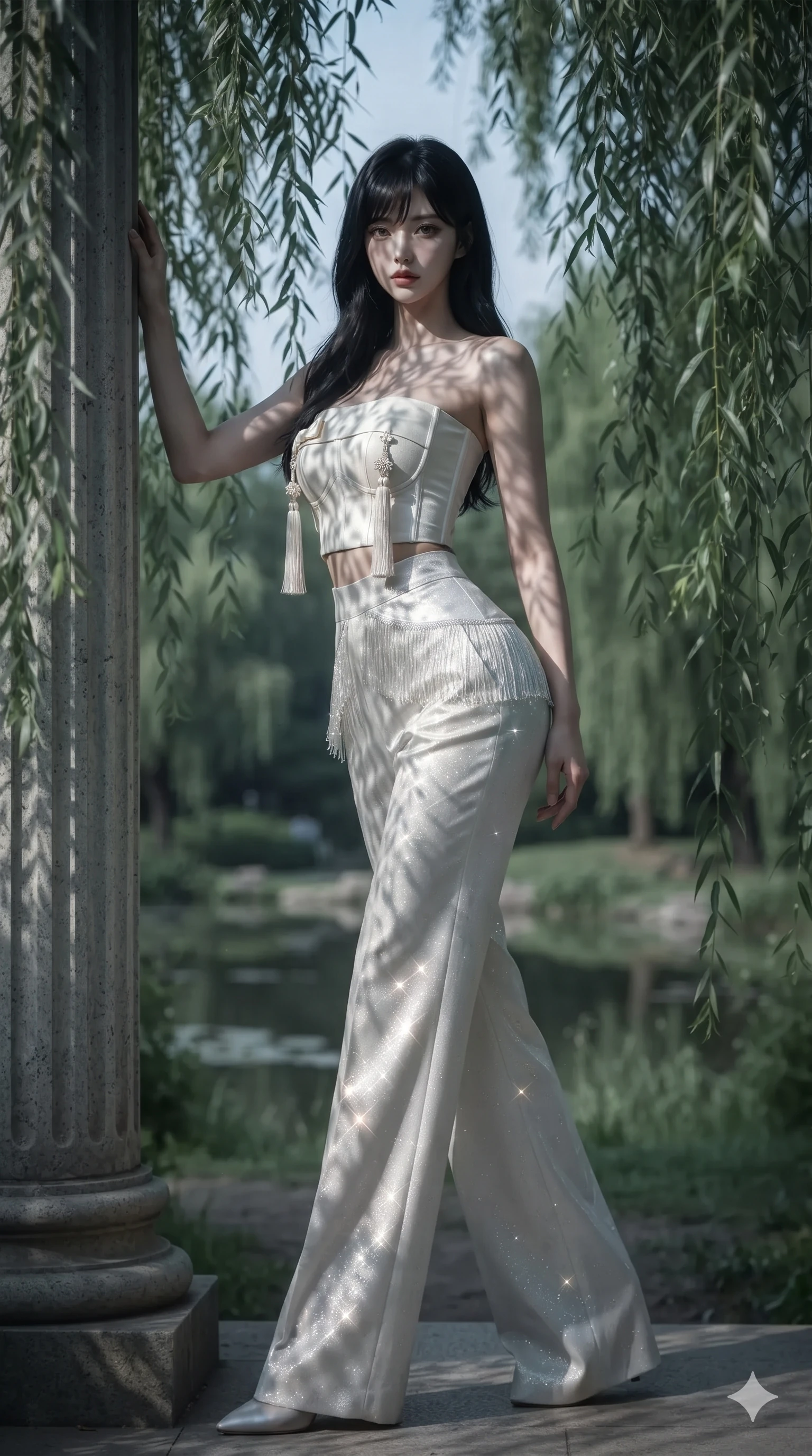 score_9, masterpiece, best quality, ultra-detailed, high-budget anime keyframe, editorial fashion photography, tasteful artistic composition, Caucasian woman. low angle full-body shot from head to toe showing her feet, filling the entire 9:16 vertical frame with her statuesque presence, stretching her vertical silhouette. standing tall beside the architectural column, one hand resting high while arching her lower back to emphasize her sculpted feminine hips and slender waist while walking slowly through the curtain of weeping willow leaves with feline poise, her long slender legs and curvy hips commanding the frame. The background shows a soft-focus secluded riverbank landscape softened in romantic moonlight shallow focus. She has an absolutely perfect, statuesque 8.5-heads proportion, an exceptionally tall and slender model-like female figure with impossibly long slender legs, an ultra-slim waist, a flat toned midriff, narrow delicate ribcage, and beautifully sculpted feminine hips creating a graceful, slim hourglass silhouette without any bulky heaviness. sharp v-shaped jawline, high-bridge nose, sparkling eyes with hypnotic seductive depth, thick curled eyelashes, glossy parted lips with a natural dewy peach sheen, alluring bedroom-eyes with an enchanting coquettish smile, exuding magnetic siren charisma and sophisticated glamour, flawlessly proportioned anatomical accuracy, strict slender model proportions, natural body alignment, perfectly sculpted long slender limbs, ultra-slim waistline, clean dynamic posture without body distortion. wearing a modern strapless boned hanbok bustier with traditional norigae tassel accents paired with high-waisted wide-leg silk trousers in celestial pearl white and moonlight platinum, woven from metallic lurex thread casting radiant starlight glints across her silhouette, finished with delicate silk fringe trim fluttering along her hip line with kinetic charm, the form-contouring silhouette accentuating her sculpted flat midriff, narrow delicate ribcage, and gracefully curvy hips with intoxicating allure. bathed in ethereal silver moonlight filtering through weeping willow leaves creating intricate dappled shadow patterns. ultra-reflective glossy finish, specular highlights, rich textural contrasts, high-contrast stereoscopic depth, volumetric dynamic lighting, 2k, ultra detail, master piece, 9:16 ratio