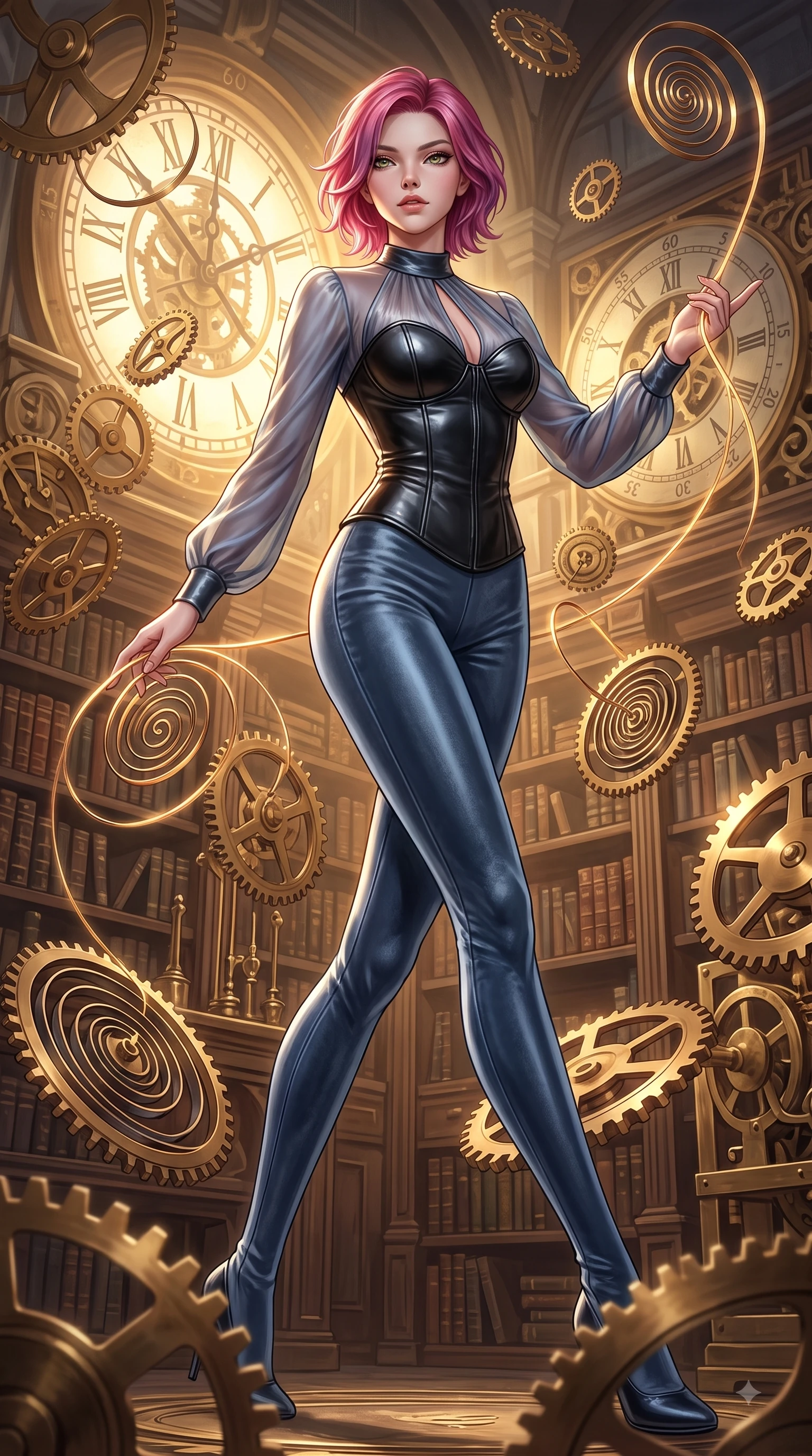 score_9, masterpiece, best quality, ultra-detailed, high-budget anime keyframe, editorial fashion photography, tasteful artistic composition, Caucasian woman. low angle full-body shot from head to toe showing her feet, filling the entire 9:16 vertical frame with her statuesque presence, stretching her vertical silhouette. forging dynamically through the scene with her long slender legs and ultra-slim waist creating a sweeping curve while threading glowing clockwork spring wires in a vintage archives hall with magnetic allure, floating brass gears and clocksprings casting intricate metallic reflections. She has an absolutely perfect, statuesque 8.5-heads proportion, an exceptionally tall and slender model-like female figure with impossibly long slender legs and an ultra-slim waist. sharp v-shaped jawline, high-bridge nose, intricate jewel-like eyes with depth, thick eyelashes, glossy lips with a natural sheen, flawlessly proportioned anatomical accuracy, natural body alignment, perfectly sculpted elegant limbs, clean dynamic posture without body distortion. wearing a tailored leather bustier over a sheer silk chiffon blouse in slate blue and metallic silver, made of premium stretch velvet with a rich sheen, accented with a Tasteful chest slit framing her clavicle gracefully, the glove-like fit emphasizing her statuesque silhouette during motion. illuminated by a brilliant golden hour glow filtering through clockwork dials. ultra-reflective glossy finish, specular highlights, metallic sheen, high-contrast stereoscopic depth, volumetric dynamic lighting, 2k, ultra detail, master piece, 9:16 ratio