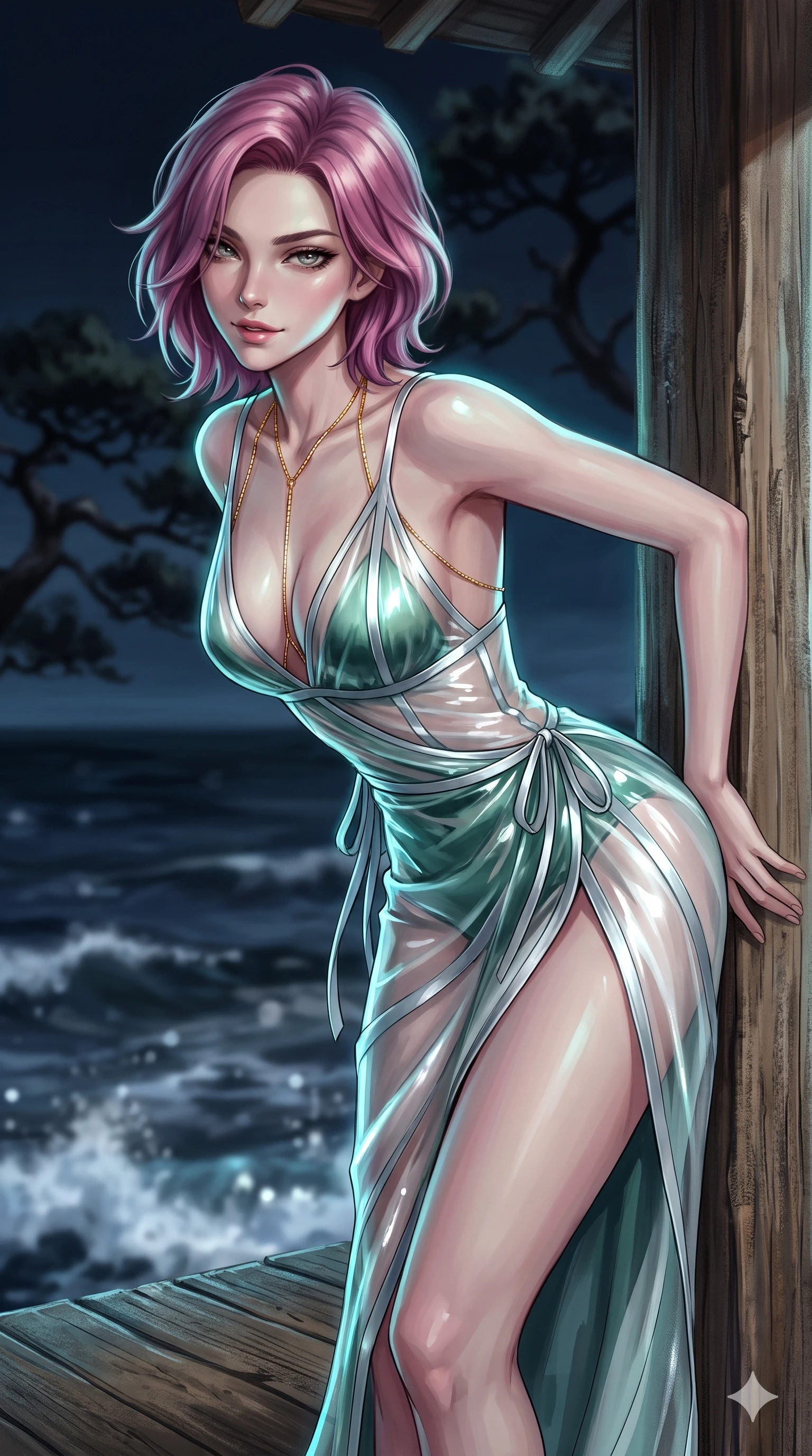 score_9, masterpiece, best quality, ultra-detailed, high-budget anime keyframe, editorial fashion photography, tasteful artistic composition, Caucasian woman. close-up cowboy shot from the waist and thighs up, the character dominates the composition, filling the frame with her large presence. leaning forward while arching her lower back to accentuate her curvy hips, looking into the camera with an intoxicating smoldering gaze and bedroom-eyes while leaning against the weathered wooden pillar with hips cocked back, looking out into the crashing ocean waves with smoldering bedroom-eyes. The background shows a soft-focus gnarled ancient pine silhouettes and rolling ocean waves below blurred into deep midnight navy, silver, and charcoal bokeh. She has an exceptionally elegant, slender, and willowy female figure with an ultra-slim waist, flat toned midriff, narrow ribcage, and sculpted feminine hips creating an alluring, slim hourglass silhouette without bulk. sharp v-shaped jawline, high-bridge nose, sparkling eyes with hypnotic seductive depth, thick curled eyelashes, glossy parted lips with a natural dewy peach sheen, alluring bedroom-eyes with an enchanting coquettish smile, exuding magnetic siren charisma and sophisticated glamour, flawlessly proportioned anatomical accuracy, strict slender model proportions, natural body alignment, perfectly sculpted long slender limbs, ultra-slim waistline, clean dynamic posture without body distortion. wearing a plunge-front sheer illusion tulle slip dress with liquid platinum ribbon stripes and silk otgoreum ties hugging her curves in moonlit jade green and pure alabaster white with silver accents, crafted from wet-look high-gloss vinyl fabric with dazzling specular surface reflections, accented with a gold body chain harness subtly framing her dewy collarbones and spine, the high-slit wrap tailoring accentuating her ultra-slim waistline and the enchanting curve of her feminine hips with alluring seductive charm. illuminated by ocean surf seafoam bounce and sharp cyan-platinum rim lights sculpting her razor-sharp jawline, narrow waist, and curvy hips. ultra-reflective glossy finish, specular highlights, rich textural contrasts, high-contrast stereoscopic depth, volumetric dynamic lighting, 2k, ultra detail, master piece, 9:16 ratio