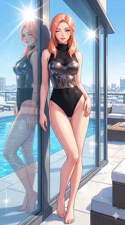 score_9, masterpiece, best quality, ultra-detailed, high-budget anime keyframe, vibrant anime aesthetic, Japanese woman. cowboy shot from the thighs up, character and outfit filling the frame for maximum presence. She is leaning against a boutique wi