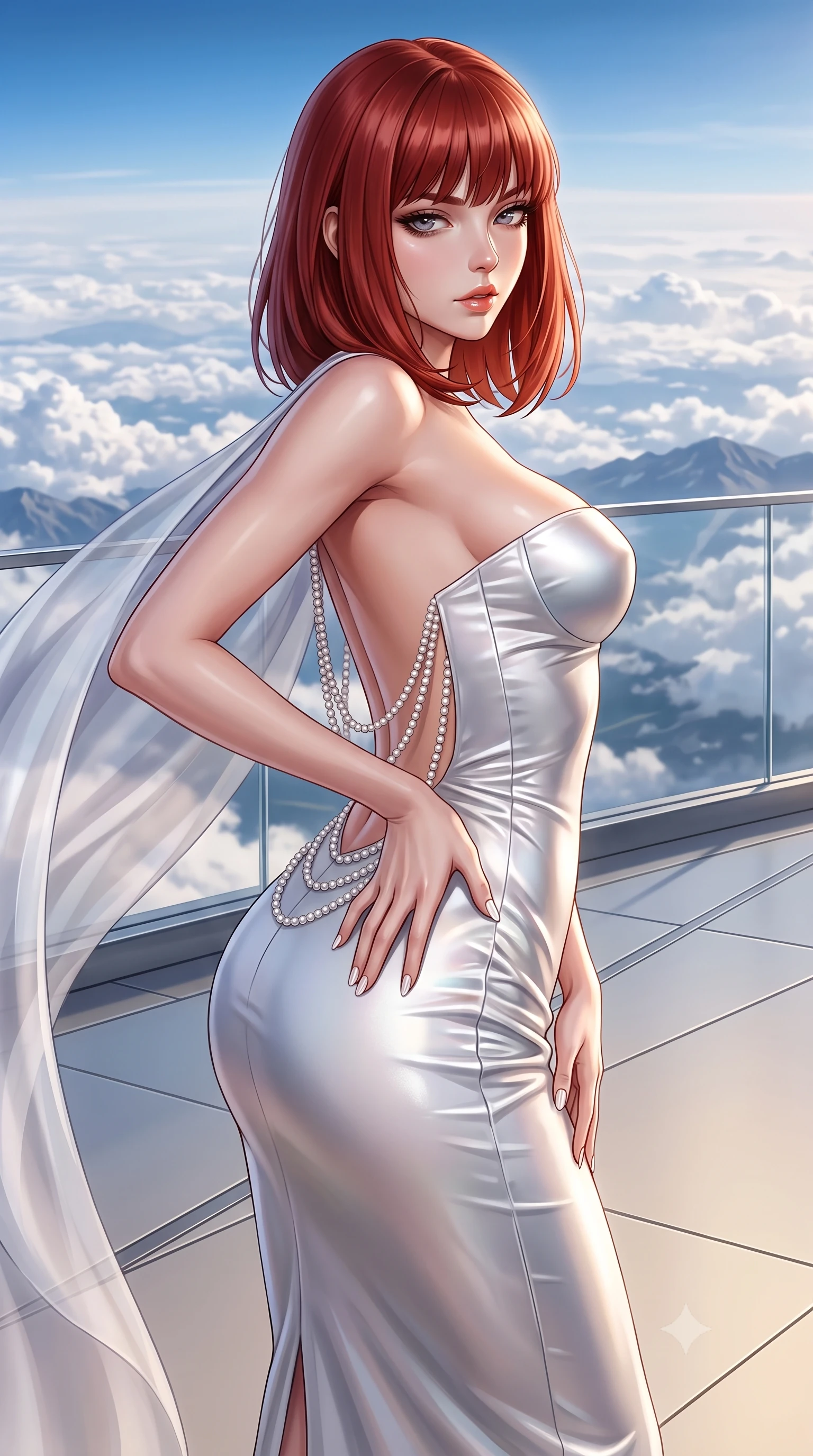 score_9, masterpiece, best quality, ultra-detailed, high-budget anime keyframe, semi-realistic 3D game render, editorial fashion photography, tasteful artistic composition, Caucasian woman. close-up cowboy shot from the waist and thighs up, the character dominates the composition, filling the frame with her large presence. resting one manicured hand delicately on her hip bone, her upper body turning in a fluid, seductive S-curve while parted lips glisten in the light while standing poised on the high-altitude sun deck, twisting her slender torso in an alluring S-curve as stratospheric trade winds flutter her sweeping cape. The surrounding environment is rendered in vivid detail and crisp panoramic clarity. sharp titanium deck seams, scratchless glass balustrade clarity, and stratospheric cloud texture in deep focus. She has an exceptionally elegant, slender, and willowy female figure with an ultra-slim waist, flat toned midriff, narrow ribcage, and sculpted feminine hips creating an alluring, slim hourglass silhouette without bulk. sharp v-shaped jawline, high-bridge nose, intricate jewel-like eyes with depth, thick eyelashes, glossy parted lips with a natural sheen, intensely captivating and seductive bedroom-eyes expression, flawlessly proportioned anatomical accuracy, strict slender model proportions, natural body alignment, perfectly sculpted long slender limbs, ultra-slim waistline, clean dynamic posture without body distortion. wearing an ultra-fitted strapless bustier midi dress with side hip ruching and exposed spine in shimmering silver mercury and pearl white, tailored from ultra-smooth duchess satin with a pearlescent sheen, accented with a multi-strand pearl back necklace cascading down her bare spine to her hips, the form-contouring material adhering flawlessly to her sculpted flat midriff and slender torso, emphasizing her long leg lines and perfectly proportioned willowy build. illuminated by warm white composite floor bounce fill sharply sculpting her razor-sharp jawline, narrow waist, and curvy hips. highly saturated vibrant anime colors, detailed shading with soft gradients, rich glossy textures, high-contrast stereoscopic depth, volumetric dynamic lighting, master piece, 9:16 ratio