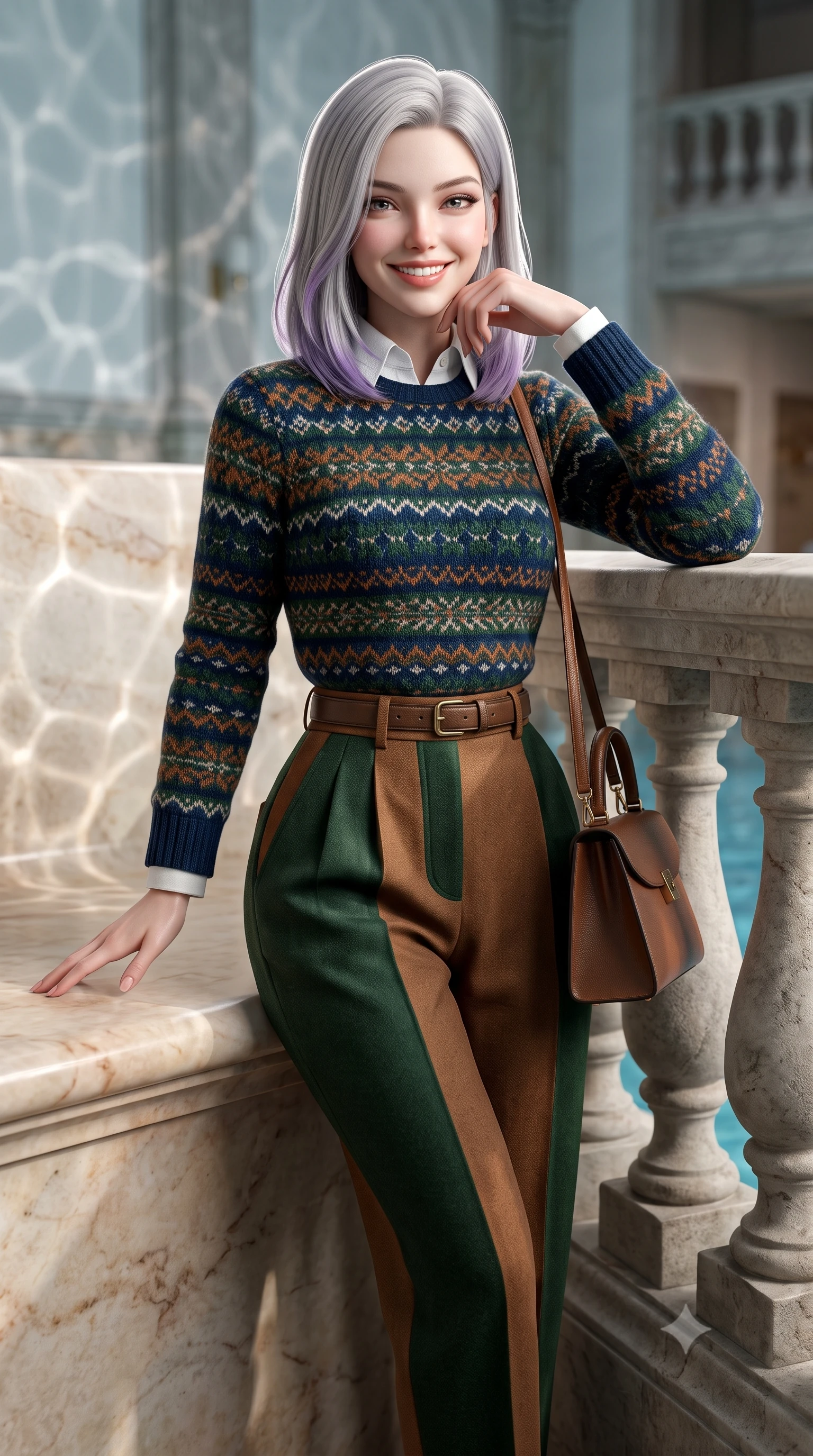 score_9, masterpiece, best quality, ultra-detailed, high-budget anime keyframe, semi-realistic 3D game render, editorial fashion photography, tasteful artistic composition, Caucasian woman. close-up cowboy shot from the waist and thighs up, the character dominates the composition, filling the frame with her large presence. resting one elbow on the stone balustrade, chin poised lightly on her hand with intelligent, charming warmth while leaning against a smooth heated marble bench, resting one hand on the warm stone with effortless wellness-model grace. The surrounding environment is rendered in vivid detail and crisp panoramic clarity: detailed belted cashmere robe coat tailoring, silk piping borders, and master Swiss spa architecture in razor-sharp precision. She has an exceptionally elegant, slender, and willowy female figure with an ultra-slim waist, flat toned midriff, narrow ribcage, and sculpted feminine hips creating an alluring, slim hourglass silhouette without bulk. sharp v-shaped jawline, high-bridge nose, intricate jewel-like sparkling eyes with depth, thick eyelashes, glossy parted lips with a natural peach sheen, bright cheerful beaming smile with an enchanting and coquettish sensual glint, exuding both youthful cute charm and seductive allure, flawlessly proportioned anatomical accuracy, strict slender model proportions, natural body alignment, perfectly sculpted long slender limbs, ultra-slim waistline, clean dynamic posture without body distortion. wearing a Fair Isle patterned lambswool knit sweater layered over an Oxford button-down shirt with pleated wool trousers in heritage British racing green and warm cognac brown, tailored from heavyweight double-faced wool with clean architectural edges, finished with a structured leather top-handle mini bag resting gracefully at her side, the structured cinched belt emphasizing her narrow waistline and gracefully balanced proportions with timeless haute-couture polish. illuminated by thermal pool surface caustics and soft pearlescent rim lights accentuating her sharp jawline and slender hourglass silhouette. highly saturated vibrant anime colors, detailed shading with soft gradients, rich glossy textures, high-contrast stereoscopic depth, volumetric dynamic lighting, master piece, 9:16 ratio