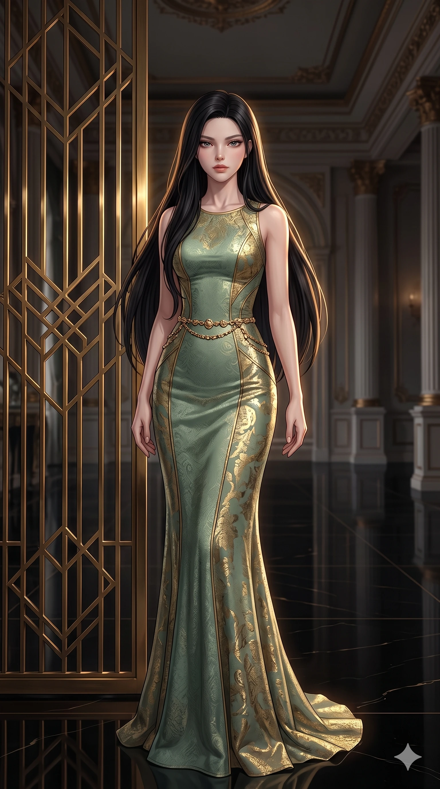 score_9, masterpiece, best quality, ultra-detailed, high-budget anime keyframe, semi-realistic 3D game render, editorial fashion photography, tasteful artistic composition, Korean woman. close-up cowboy shot from the waist and thighs up, the character dominates the composition, filling the frame with her large presence. perched sideways on the vintage settee, one knee drawn up to showcase her slender leg line while her arched back accentuates her feminine hip curve while standing in a tall, confident posture beside a towering geometric brass screen, stretching her statuesque body as she arches her lower back to emphasize her sculpted feminine hips and slender waist. The surrounding environment is rendered in vivid detail and crisp panoramic clarity: detailed high-Mandarin wrap dress tailoring, metallic lamé fabric sheen, and historic grand touring salon architecture in razor-sharp precision. She has an exceptionally elegant, slender, and willowy female figure with an ultra-slim waist, flat toned midriff, narrow ribcage, and sculpted feminine hips creating an alluring, slim hourglass silhouette without bulk. sharp v-shaped jawline, high-bridge nose, intricate jewel-like sparkling eyes with depth, thick eyelashes, glossy parted lips with a natural sheen, intensely captivating and seductive bedroom-eyes expression, exuding both youthful cute charm and sovereign luxury allure, flawlessly proportioned anatomical accuracy, strict slender model proportions, natural body alignment, perfectly sculpted long slender limbs, ultra-slim waistline, clean dynamic posture without body distortion. wearing a form-fitting liquid mercury jersey evening dress clinging smoothly to her narrow waist and rounded hips in celadon jade and antique gold-leaf, crafted from bespoke double-faced cashmere with an exceptionally soft tactile finish, accented with a dainty gold belly chain resting across her flat midriff and curving hips, the liquid-tight tailored fabric clinging flawlessly to her narrow waist and rounded feminine hips, emphasizing every millimeter of her sculpted slim hourglass curves without any bulky heaviness. illuminated by black lacquer floor reflections and sharp gold-amber rim lights sculpting her razor-sharp jawline, narrow waist, and curvy hips. highly saturated vibrant anime colors, detailed shading with soft gradients, rich glossy textures, high-contrast stereoscopic depth, volumetric dynamic lighting, master piece, 9:16 ratio