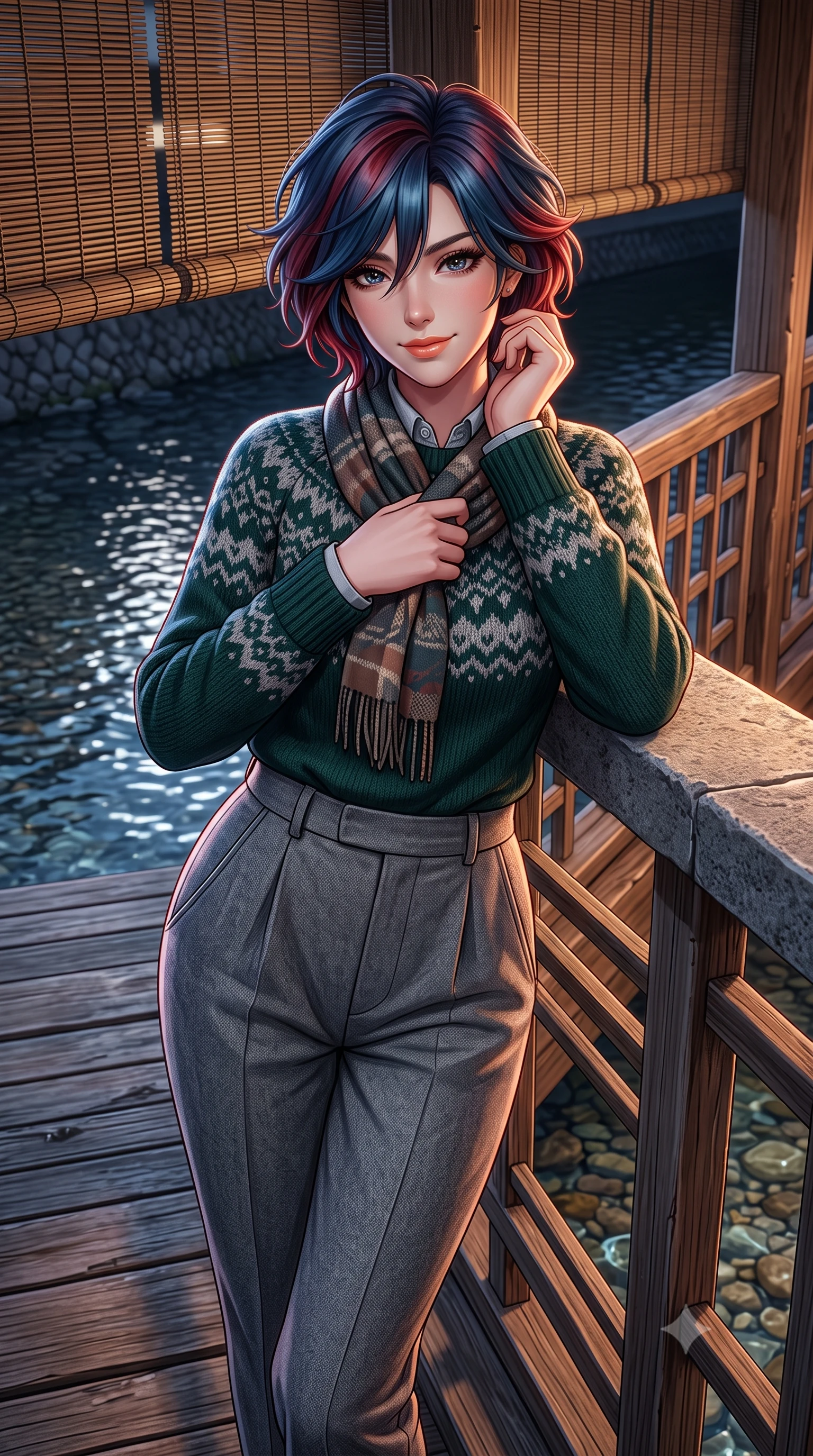 score_9, masterpiece, best quality, ultra-detailed, high-budget anime keyframe, semi-realistic 3D game render, editorial fashion photography, tasteful artistic composition, Korean woman. close-up cowboy shot from the waist and thighs up, the character dominates the composition, filling the frame with her large presence. resting one elbow on the stone balustrade, chin poised lightly on her hand with intelligent, charming warmth while leaning gently against the cedar lattice railing of the historic machiya balcony, one hand holding her scarf against the crisp evening breeze. The surrounding environment is rendered in vivid detail and crisp panoramic clarity: sharp weather-beaten cedar wood decking textures, river stones in clear shallow water, and bamboo lattice blinds in deep focus. She has an exceptionally elegant, slender, and willowy female figure with an ultra-slim waist, flat toned midriff, narrow ribcage, and sculpted feminine hips creating an alluring, slim hourglass silhouette without bulk. sharp v-shaped jawline, high-bridge nose, intricate jewel-like sparkling eyes with depth, thick eyelashes, glossy parted lips with a natural peach sheen, bright cheerful beaming smile with an enchanting and coquettish sensual glint, exuding both youthful cute charm and seductive allure, flawlessly proportioned anatomical accuracy, strict slender model proportions, natural body alignment, perfectly sculpted long slender limbs, ultra-slim waistline, clean dynamic posture without body distortion. wearing a Fair Isle patterned lambswool knit sweater layered over an Oxford button-down shirt with pleated wool trousers in St. Moritz pine forest emerald and heather grey, made of luxurious brushed wool flannel with rich textural depth and clean structure, featuring delicate tonal horn buttons and meticulous hand-stitched pick-lapel borders, the precision-cut high-waisted tailoring accentuating her ultra-slim waist and long slender leg line with immaculate aristocratic poise. illuminated by river water specular reflection bounce and sharp copper-rose rim lights sculpting her jawline, narrow waist, and graceful model proportions. highly saturated vibrant anime colors, detailed shading with soft gradients, rich glossy textures, high-contrast stereoscopic depth, volumetric dynamic lighting, master piece, 9:16 ratio