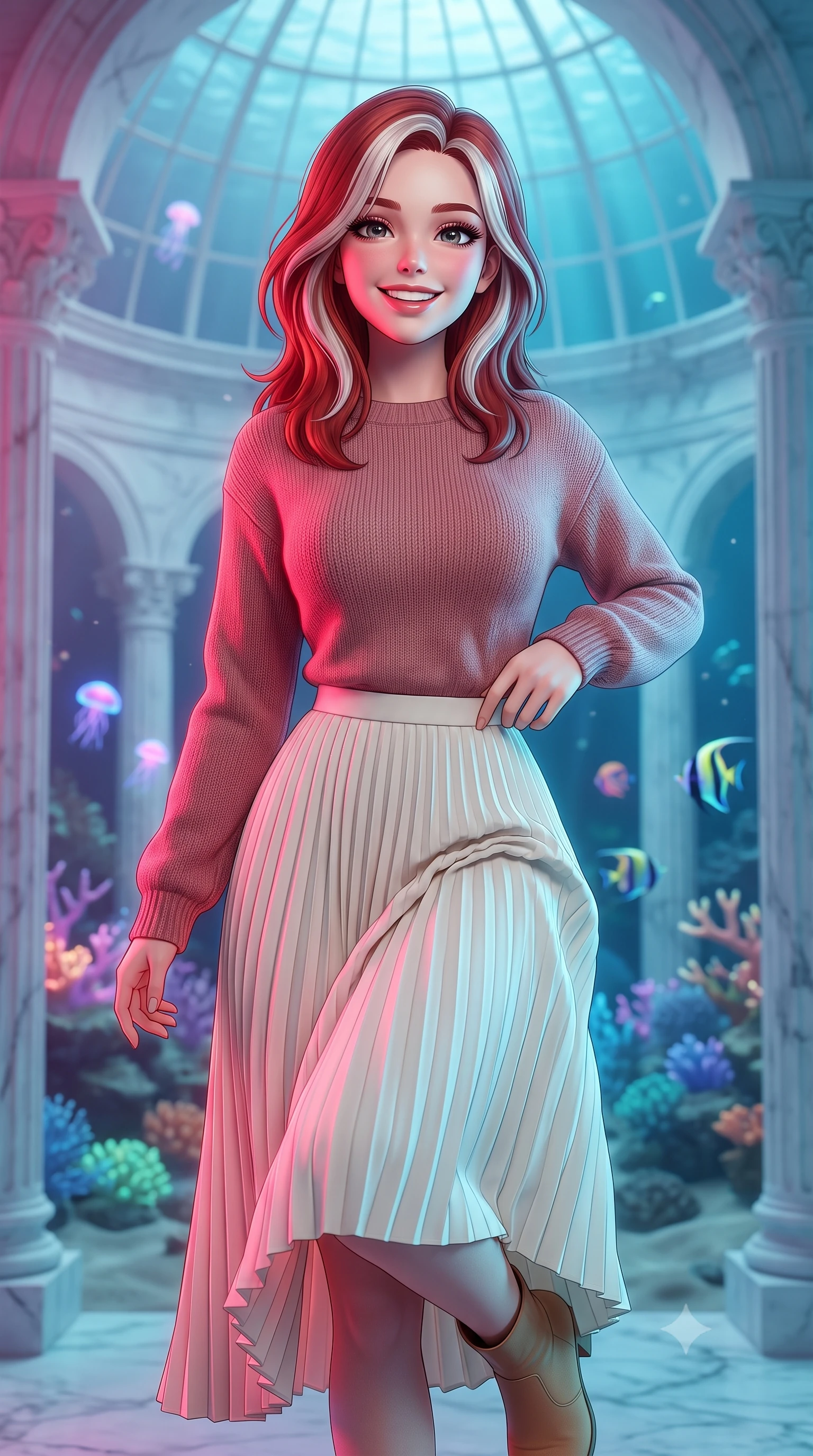 score_9, masterpiece, best quality, ultra-detailed, high-budget anime keyframe, editorial fashion photography, tasteful artistic composition, Caucasian woman, strictly human ears. close-up cowboy shot from the waist and thighs up, the character dominates the composition, filling the frame with her large presence, background elements kept in soft focus. Beaming with a wide, friendly smile that lights up her entire face. set against a soft-focus background of inside a submerged ancient white marble conservatory under a giant underwater glass dome, filled with glowing corals and neon sea creatures. She has an exceptionally elegant, slender, and willowy female figure with a highly-defined ultra-slim waist, a gracefully sculpted slender torso, and a refined slim-fit silhouette that contours her form. sharp v-shaped jawline, high-bridge nose, intricate jewel-like eyes with depth, thick eyelashes, glossy lips with a natural sheen. wearing a dusty rose knit sweater paired with a flowing ivory pleated midi skirt and tan ankle boots. dual-tone lighting with hot magenta from the left and cool cyan from the right. 2k, ultra detail, master piece, 9:16 ratio