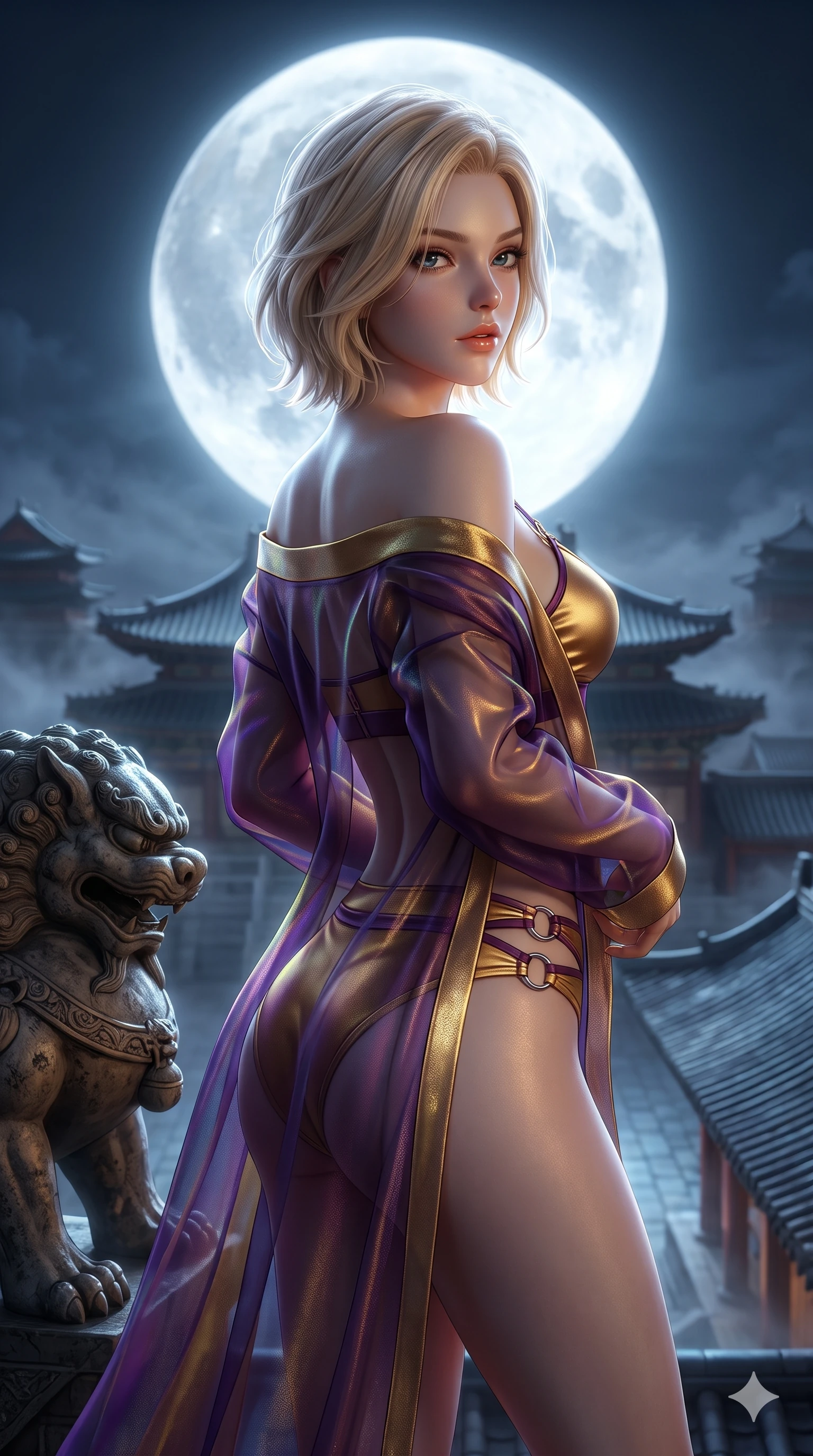 score_9, masterpiece, best quality, ultra-detailed, high-budget anime keyframe, semi-realistic 3D game render, editorial fashion photography, tasteful artistic composition, Caucasian woman. close-up cowboy shot from the waist and thighs up, the character dominates the composition, filling the frame with her large presence. posing in an alluring rear three-quarter angle, looking over a bare shoulder with parted glossy lips, her hips cocked back to highlight her slim hourglass curve while twisting her slender torso in an alluring S-curve beside the carved roof guardian chihmi sculpture, full moon blazing directly behind her silhouette. The background shows a soft-focus soaring imperial palace rooftop softened in high-altitude architectural shallow focus. She has an exceptionally elegant, slender, and willowy female figure with an ultra-slim waist, flat toned midriff, narrow ribcage, and sculpted feminine hips creating an alluring, slim hourglass silhouette without bulk. sharp v-shaped jawline, high-bridge nose, sparkling eyes with hypnotic seductive depth, thick curled eyelashes, glossy parted lips with a natural dewy peach sheen, alluring bedroom-eyes with an enchanting coquettish smile, exuding magnetic siren charisma and sophisticated glamour, flawlessly proportioned anatomical accuracy, strict slender model proportions, natural body alignment, perfectly sculpted long slender limbs, ultra-slim waistline, clean dynamic posture without body distortion. wearing a translucent iridescent organza durumagi robe slipping off bare shoulders over a matching satin micro-bralette and wrap briefs in imperial gold and royal plum purple, crafted from stretch micro-mesh with metallic foil coating that shimmers in the moonlight, accented with sculptural chrome hardware rings framing the subtle cutouts, the liquid-tight tailored fabric clinging flawlessly to her narrow waist and rounded feminine hips, emphasizing every millimeter of her sculpted slim hourglass curves without any bulky heaviness. illuminated by moonlit valley mist upward bounce and sharp silver-topaz rim lights defining her razor-sharp jawline, narrow waist, and curvy hips. highly saturated vibrant anime colors, detailed shading with soft gradients, rich glossy textures, high-contrast stereoscopic depth, volumetric dynamic lighting, master piece, 9:16 ratio