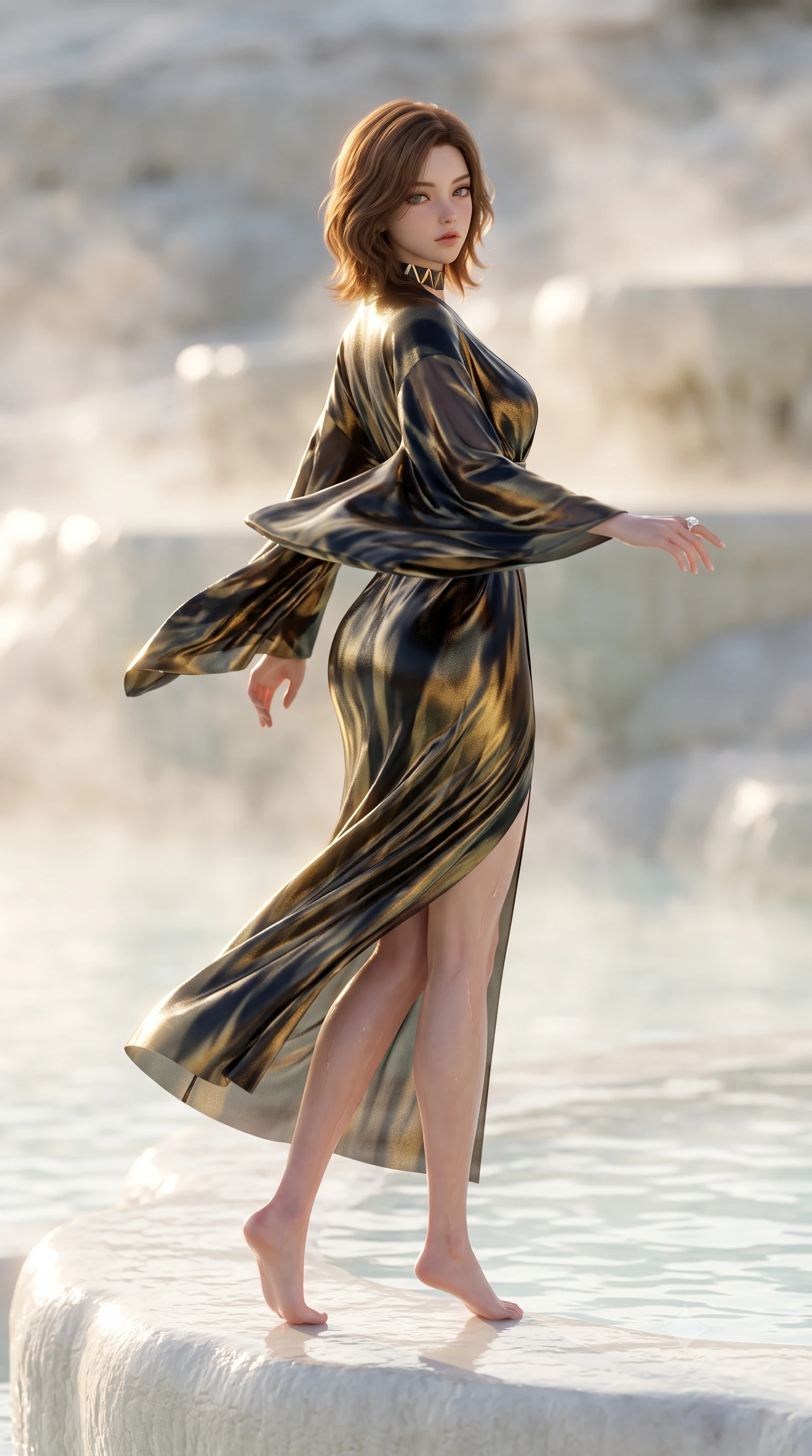 score_9, masterpiece, best quality, ultra-detailed, high-budget anime keyframe, semi-realistic 3D game render, editorial fashion photography, tasteful artistic composition, Korean woman. low angle full-body shot from head to toe showing her feet, filling the entire 9:16 vertical frame with her statuesque presence, stretching her vertical silhouette. executing an elegant mid-motion pivot turn as garments swirl around her slender limbs, glancing over her shoulder with an intoxicating bedroom-gaze while sitting on the smooth calcified white mineral rim with legs crossed, looking over her bare shoulder with sun-dazed, seductive bedroom-eyes. The composition keeps background elements in soft focus with creamy bokeh. steaming thermal pool vapors and calcified mineral ridges softened in ethereal nature shallow focus. She has an exceptionally tall and slender model-like 8.5-heads proportion, an ultra-slim waist, a flat toned midriff, narrow delicate ribcage, and beautifully sculpted feminine hips creating a graceful, slim hourglass silhouette without any bulky heaviness, with impossibly long slender legs. sharp v-shaped jawline, high-bridge nose, intricate jewel-like eyes with depth, thick eyelashes, glossy parted lips with a natural sheen, intensely captivating and seductive bedroom-eyes expression, flawlessly proportioned anatomical accuracy, strict slender model proportions, natural body alignment, perfectly sculpted long slender limbs, ultra-slim waistline, clean dynamic posture without body distortion. wearing a delicate semi-translucent silk yukata that clings to her wet skin and curvy hip contours in midnight obsidian black and liquid gold, crafted from luxurious metallic lamé that shifts radiance with every step, complemented by a bold geometric choker and sparkling cocktail ring, the glove-like aerodynamic silhouette tightly following the natural contour of her hips and long slender legs with statuesque 8.5-heads elegance. bathed in glorious golden hour sunset backlighting and intense white travertine mineral bounce fill. highly saturated vibrant anime colors, detailed shading with soft gradients, rich glossy textures, high-contrast stereoscopic depth, volumetric dynamic lighting, master piece, 9:16 ratio