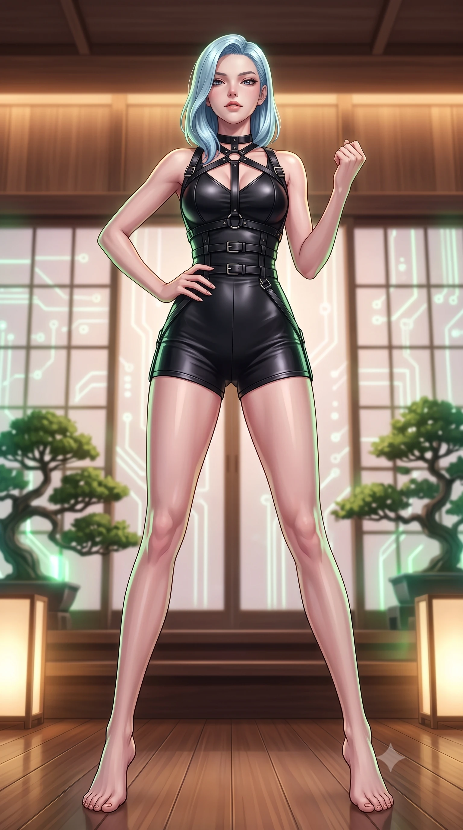 score_9, masterpiece, best quality, ultra-detailed, high-budget anime keyframe, editorial fashion photography, tasteful artistic composition, Korean woman woman. low angle full-body shot from head to toe showing her feet, filling the entire 9:16 vertical frame with her statuesque presence, stretching her vertical silhouette. She has an absolutely perfect, statuesque 8.5-heads proportion, an exceptionally tall and slender model-like female figure with impossibly long slender legs and an ultra-slim waist. standing victorious in a commanding statuesque pose, filling the frame with her slender presence, flawlessly proportioned anatomical accuracy, natural body alignment, perfectly sculpted elegant limbs, clean dynamic posture without body distortion. set against a soft-focus background of a cyber-zen tea room with digital shoji screens and bonsai. wearing a black structured leather harness over a fitted second-skin micro-shorts set. bathed in soft warm wooden ambient glow with gentle green digital plant highlights. highly saturated vibrant anime colors, detailed shading with soft gradients, rich glossy textures, high-contrast stereoscopic depth, volumetric dynamic lighting, master piece, 9:16 ratio