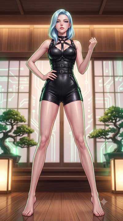 score_9, masterpiece, best quality, ultra-detailed, high-budget anime keyframe, editorial fashion photography, tasteful artistic composition, Korean woman woman. low angle full-body shot from head to toe showing her feet, filling the entire 9:16 vert