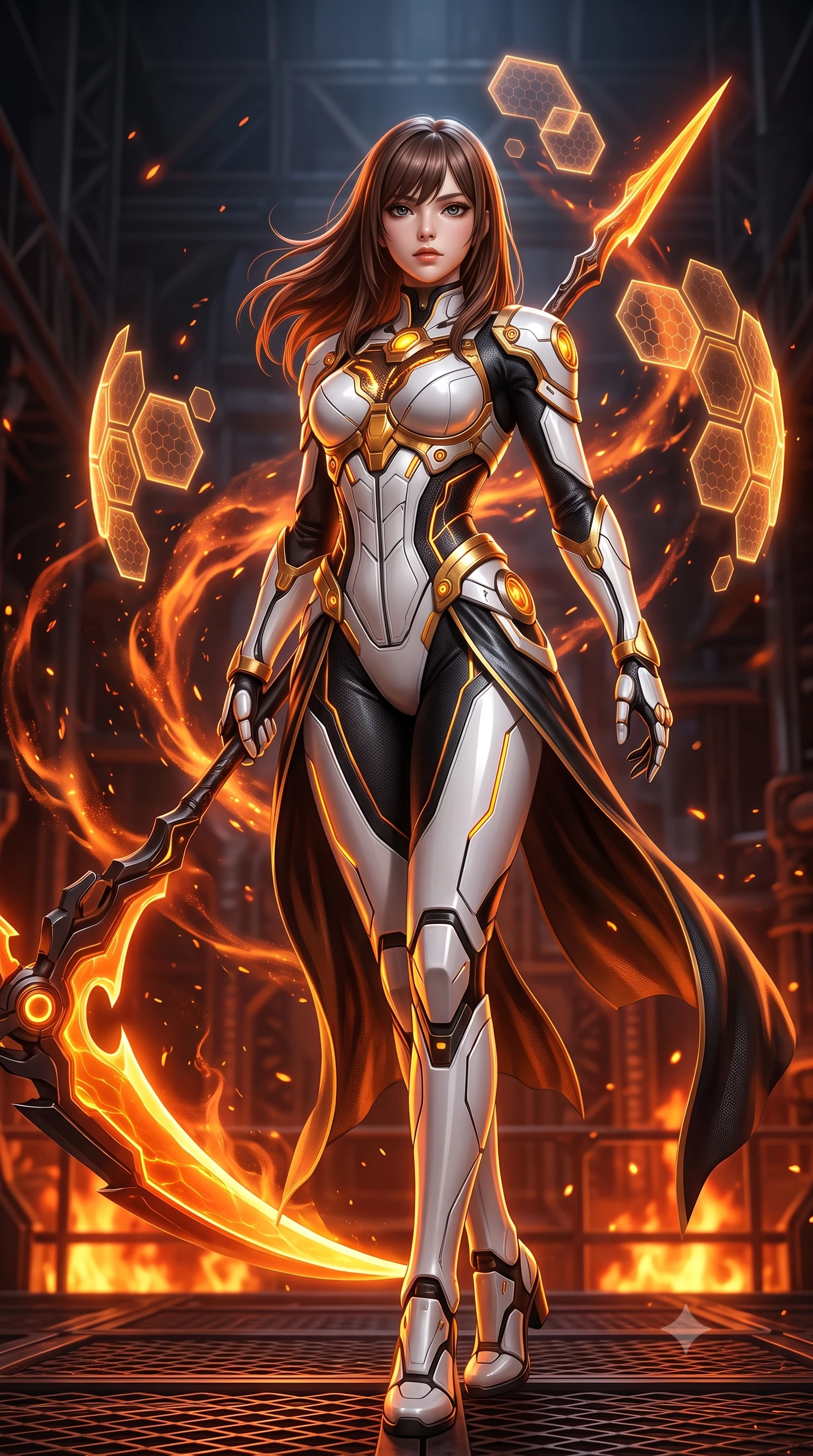 score_9, masterpiece, best quality, ultra-detailed, high-budget anime keyframe, semi-realistic 3D game render, editorial fashion photography, tasteful artistic composition, Korean woman. low angle full-body shot from head to toe showing her feet, filling the entire 9:16 vertical frame with her statuesque presence, stretching her vertical silhouette. pivoting dynamically in mid-motion with a breathtakingly alluring posture, displaying her flawless model proportions, toned flat midriff, and ultra-slim waist while arching her spine in a fluid stretch as rising heat waves and orange embers swirl around her sculpted silhouette. The surrounding environment is rendered in vivid detail and crisp panoramic clarity. razor-sharp molten plasma scythe blade curvature, glowing energy conduits along the staff, and iron grating in deep focus. She has an absolutely perfect, statuesque 8.5-heads proportion, an exceptionally tall and slender model-like female figure with impossibly long slender legs, a toned flat midriff, and an ultra-slim waist. sharp v-shaped jawline, high-bridge nose, intricate jewel-like eyes with depth, thick eyelashes, glossy lips with a natural sheen, flawlessly proportioned anatomical accuracy, strict slender model proportions, natural body alignment, perfectly sculpted long slender limbs, ultra-slim waistline, clean dynamic posture without body distortion. wearing a high-contrast monochrome white-and-black carbon-composite exoskeleton suit with glowing amber circuitry, deploying floating hexagonal holographic energy shields with sovereign grace in arctic white carbon composite with radiant solar gold plating, made of liquid carbon-jersey fabric adhering flawlessly to her sculpted silhouette, accented with glowing fiber-optic conduits tracing her collarbones and hip curves, the sleek second-skin cut tightly hugging her graceful clavicle, narrow waist, and feminine curves with athletic precision. bathed in blazing orange magma uplights and intense molten plasma scythe glow. rich saturated anime colors with glowing neon highlights, detailed shading with soft gradients, rich glossy textures, high-contrast stereoscopic depth, volumetric dynamic lighting, master piece, 9:16 ratio