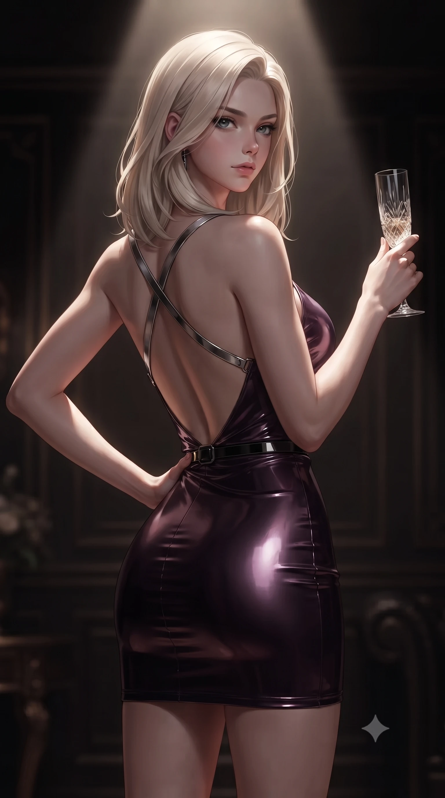 score_9, masterpiece, best quality, ultra-detailed, high-budget anime keyframe, editorial fashion photography, tasteful artistic composition, Caucasian woman. close-up cowboy shot from the waist and thighs up, the character dominates the composition, filling the frame with her large presence, background elements kept in soft focus. Holding a confident power pose with one hand on her hip, holding a crystal flute while looking into the camera with quiet self-assurance, high-contrast black velvet and dark leather absorbing ambient darkness. She has an exceptionally elegant, slender, and willowy female figure with an ultra-slim waist, a gracefully sculpted slender torso, and a refined silhouette. sharp v-shaped jawline, high-bridge nose, intricate jewel-like eyes with depth, thick eyelashes, glossy lips with a natural sheen. wearing dramatically scooped backless dark satin mini dress with criss-cross chrome straps in dark plum violet, made of high-gloss liquid vinyl, adorned with minimalist black onyx hardware framing the silhouette, accentuating her gracefully sculpted slender torso. bathed in dramatic chiaroscuro with a single sharp key ray from above. ultra-reflective glossy finish, specular highlights, metallic sheen, high-contrast stereoscopic depth, volumetric dynamic lighting, 2k, ultra detail, master piece, 9:16 ratio