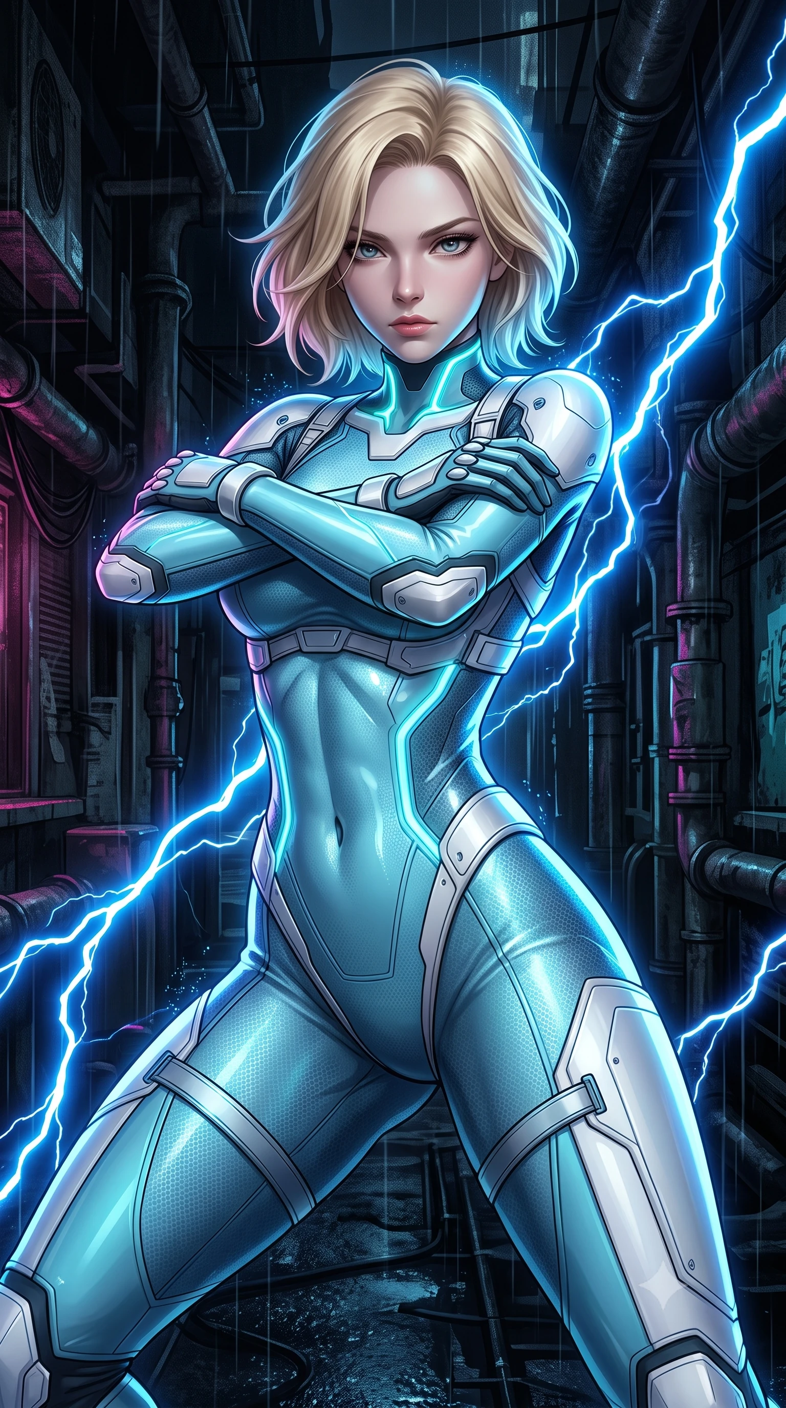 score_9, masterpiece, best quality, ultra-detailed, high-budget anime keyframe, semi-realistic 3D game render, editorial fashion photography, tasteful artistic composition, Caucasian woman. close-up cowboy shot from the waist and thighs up, the character dominates the composition, filling the frame with her large presence. shifting into a low cat-stance with arms crossed defensively, glowing energy conduits tracing her ultra-slim waist and sculpted clavicle while arching her spine in a fluid S-curve martial roll between steam pipes as blue electricity illuminates her sleek silhouette. The surrounding environment is rendered in vivid detail and crisp panoramic clarity. high-contrast noir chiaroscuro and atmospheric cyberpunk urban textures captured with precision. She has an exceptionally elegant, slender, and willowy female figure with an ultra-slim waist, a gracefully sculpted slender torso, toned flat midriff, and a refined slim silhouette. sharp v-shaped jawline, high-bridge nose, intricate jewel-like eyes with depth, thick eyelashes, glossy lips with a natural sheen, flawlessly proportioned anatomical accuracy, strict slender model proportions, natural body alignment, perfectly sculpted long slender limbs, ultra-slim waistline, clean dynamic posture without body distortion. wearing an ultra-sleek glacial-cyan and white carbon-mesh combat bodysuit with frost-resistant kinetic shock-absorber plating in glacial ice-cyan carbon mesh with pure white armor plates, made of liquid carbon-jersey fabric adhering flawlessly to her sculpted silhouette, reinforced by a sleek titanium kinetic harness and glowing micro-energy straps, the liquid-tight tailored fabric emphasizing every curve of her tall, slender model proportions and sculptured silhouette during dynamic movement. surrounded by a dangerous, gritty, and intensely captivating martial femme-fatale noir aura. rich saturated anime colors with glowing neon highlights, detailed shading with soft gradients, rich glossy textures, high-contrast stereoscopic depth, volumetric dynamic lighting, master piece, 9:16 ratio