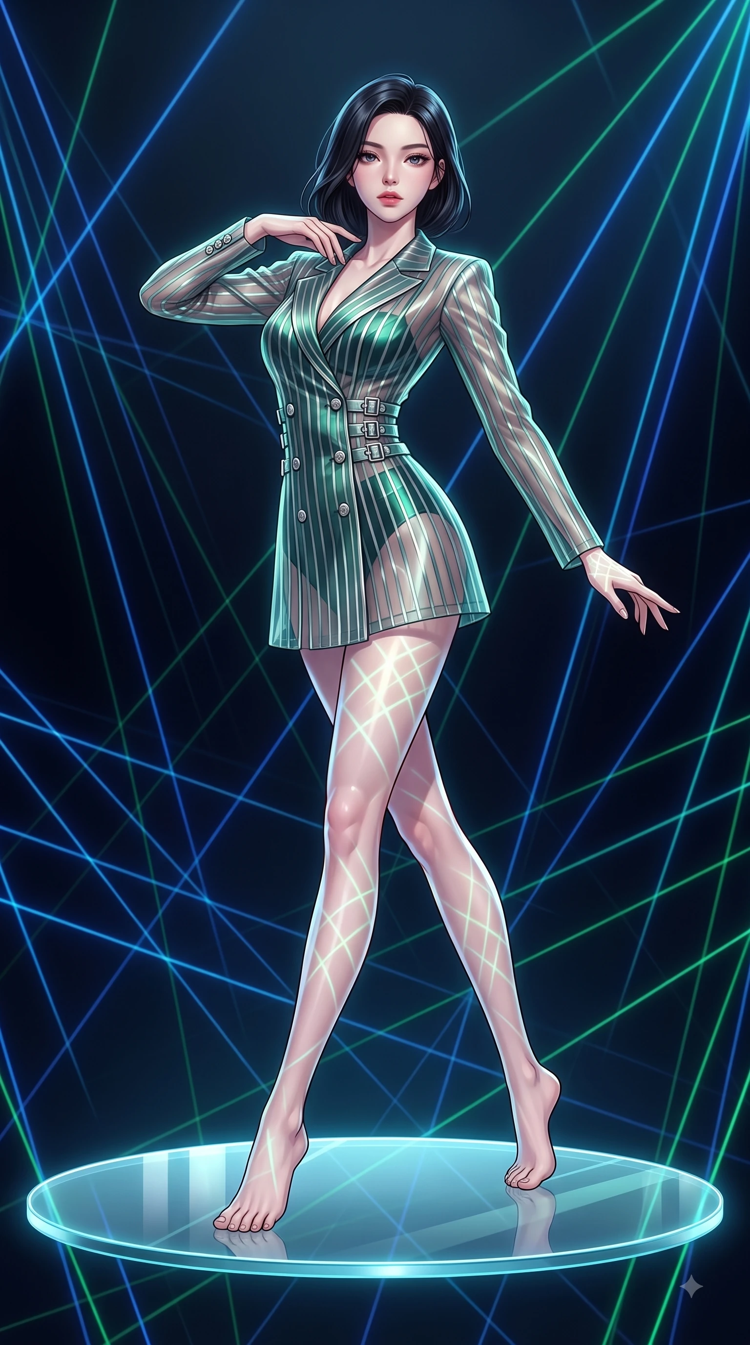 score_9, masterpiece, best quality, ultra-detailed, high-budget anime keyframe, editorial fashion photography, tasteful artistic composition, Korean woman. low angle full-body shot from head to toe showing her feet, filling the entire 9:16 vertical frame with her statuesque presence, stretching her vertical silhouette. performing an athletic mid-air rotation with flawless poise, her vertical silhouette beautifully stretched while pivoting her torso in an S-curve alignment on a floating glass disk inside a light matrix, intricate geometric lattice patterns of light projected onto her skin and clothing. She has an absolutely perfect, statuesque 8.5-heads proportion, an exceptionally tall and slender model-like female figure with impossibly long slender legs and an ultra-slim waist. sharp v-shaped jawline, high-bridge nose, intricate jewel-like eyes with depth, thick eyelashes, glossy lips with a natural sheen, flawlessly proportioned anatomical accuracy, natural body alignment, perfectly sculpted elegant limbs, clean dynamic posture without body distortion. wearing a double-breasted blazer dress with subtle metallic pin-stripes in deep emerald green and silver accent, woven from fine semi-opaque sheer organza, detailed with polished silver buckles along the waistline, the tailored fabric tightly following every curve of her athletic build. bathed in sharp geometric laser grid highlights and soft ambient fill. highly saturated vibrant anime colors, detailed shading with soft gradients, rich glossy textures, high-contrast stereoscopic depth, volumetric dynamic lighting, master piece, 9:16 ratio
