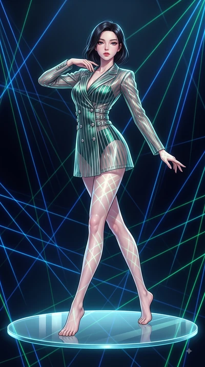 score_9, masterpiece, best quality, ultra-detailed, high-budget anime keyframe, editorial fashion photography, tasteful artistic composition, Korean woman. low angle full-body shot from head to toe showing her feet, filling the entire 9:16 vertical f