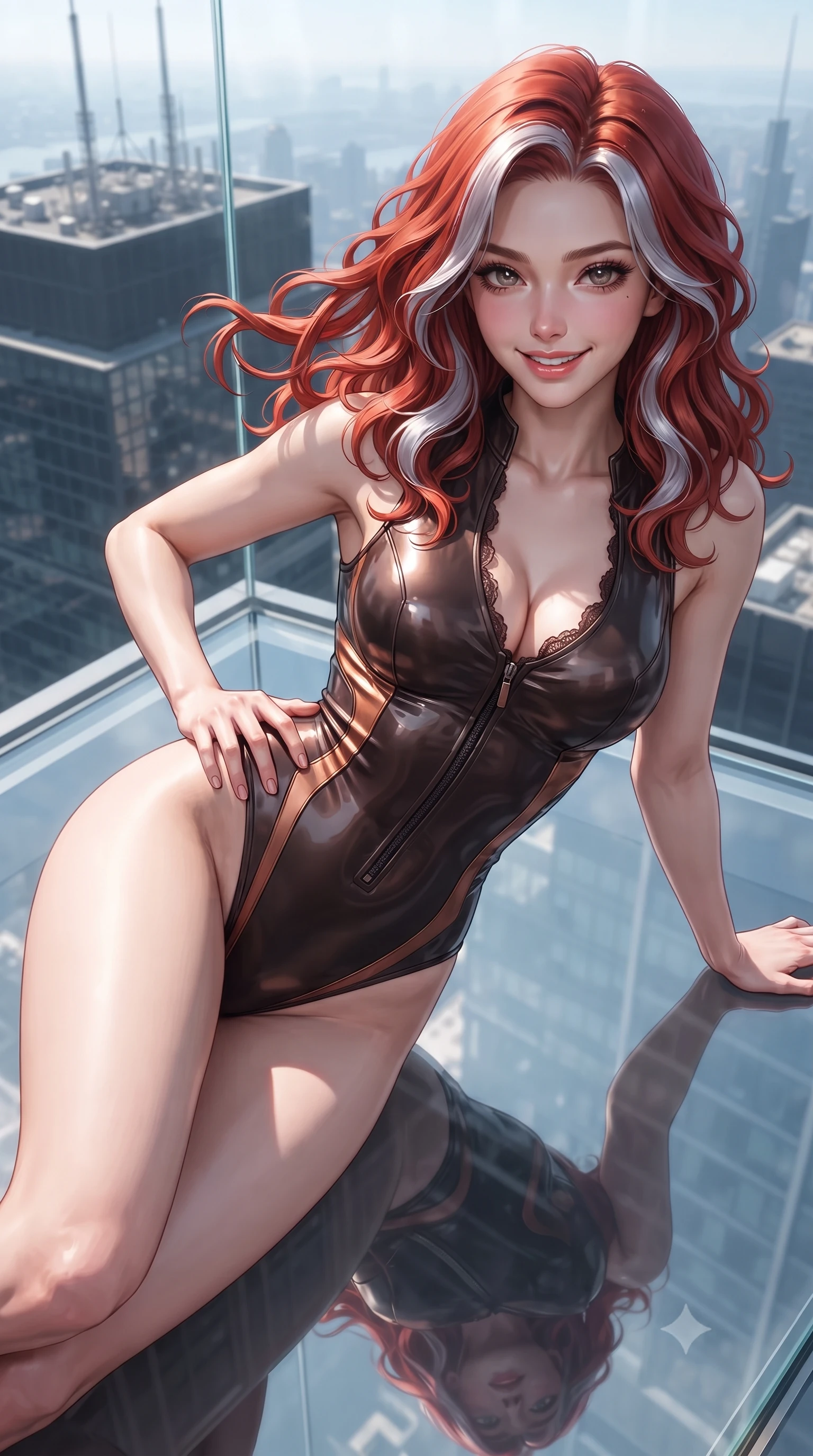score_9, masterpiece, best quality, ultra-detailed, high-budget anime keyframe, editorial fashion photography, tasteful artistic composition, Caucasian woman. close-up cowboy shot from the waist and thighs up, the character dominates the composition, filling the frame with her large presence. twisting her slender torso in an alluring contrapposto stance, one hand resting on her sculpted hip while her fingers toy with her hair with effortless poise while lounging across the transparent acrylic floor propped on one elbow, her statuesque 8.5-heads silhouette commanding the aerial metropolis. The surrounding environment is rendered in vivid detail and crisp panoramic clarity: sharp transparent structural glass bevels, acrylic panel optical clarity, and distant skyscraper rooftop antennas in deep focus. She has an exceptionally elegant, slender, and willowy female figure with an ultra-slim waist, flat toned midriff, narrow ribcage, and sculpted feminine hips creating an alluring, slim hourglass silhouette without bulk. sharp v-shaped jawline, high-bridge nose, sparkling eyes with hypnotic seductive depth, thick curled eyelashes, glossy parted lips with a natural dewy peach sheen, alluring bedroom-eyes with an enchanting coquettish smile, exuding magnetic siren charisma and sophisticated glamour, flawlessly proportioned anatomical accuracy, strict slender model proportions, natural body alignment, perfectly sculpted long slender limbs, ultra-slim waistline, clean dynamic posture without body distortion. wearing a form-contouring wet-look neoprene zip-front maillot with high-cut leg openings and racing side stripes in sultry espresso bronze and metallic copper, tailored from fine structural neoprene with crisp architectural edges and smooth contouring, finished with scalloped eyelash lace trim framing her sweetheart neckline with intimate elegance, the precision-cut side openings and low-back scoop framing her graceful spine and the sensual sweep of her slim, toned hips. illuminated by glass cube internal reflections and sharp platinum rim lights defining her razor-sharp jawline, narrow waist, and voluptuous hip curves. ultra-reflective glossy finish, specular highlights, rich textural contrasts, high-contrast stereoscopic depth, volumetric dynamic lighting, 2k, ultra detail, master piece, 9:16 ratio