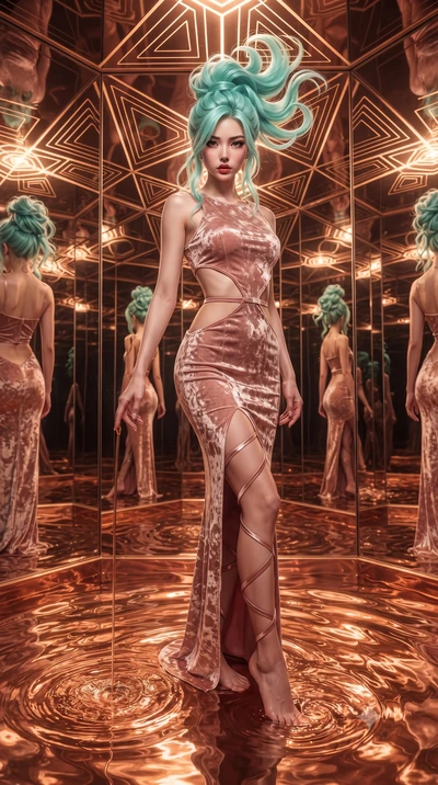 score_9, masterpiece, best quality, ultra-detailed, High-budget Anime Keyframe, editorial fashion photography, tasteful artistic composition, realistic cosplay photography, East Asian woman. Dynamic full-body shot stretching the vertical silhouette t