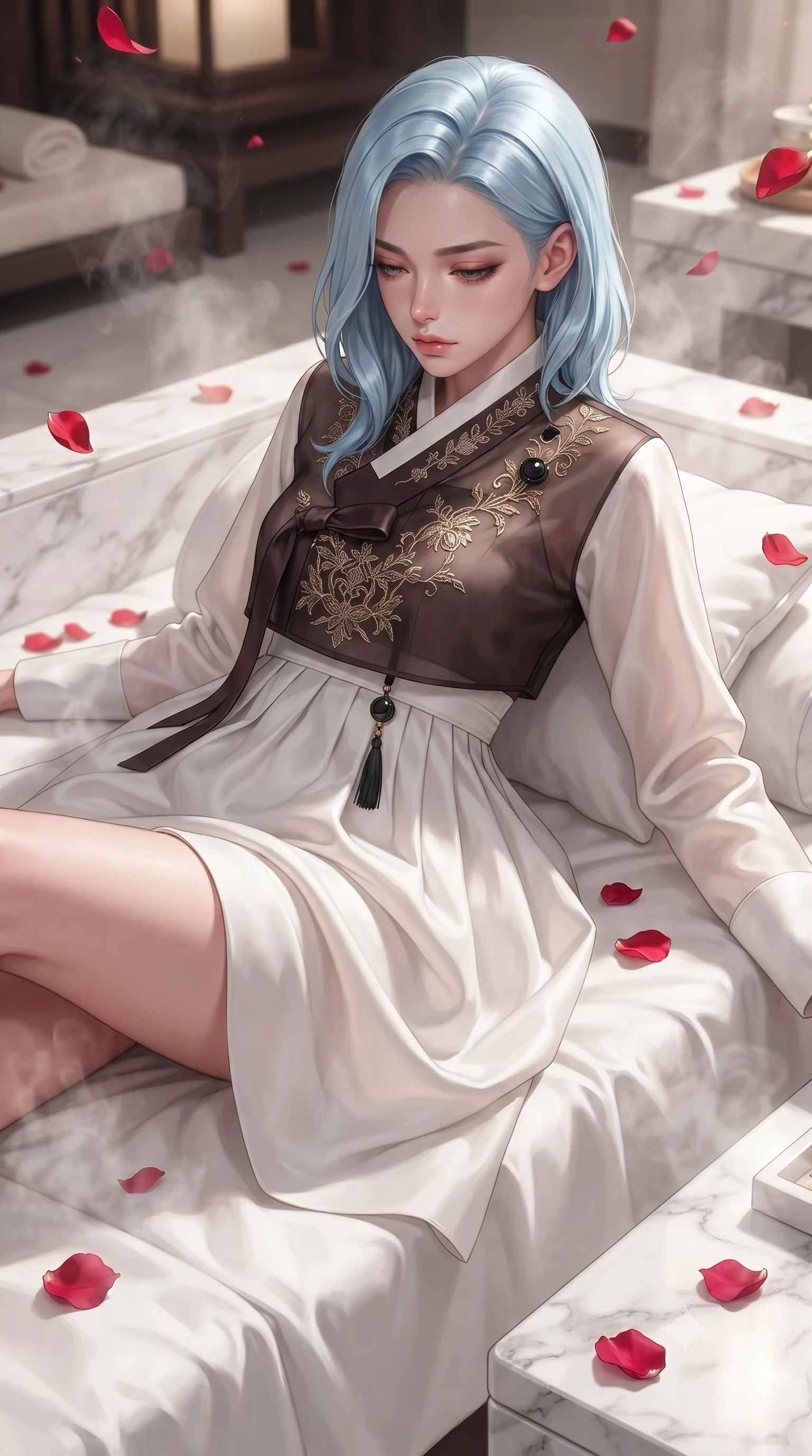 score_9, masterpiece, best quality, ultra-detailed, high-budget anime keyframe, editorial fashion photography, tasteful artistic composition, Korean woman. close-up cowboy shot from the waist and thighs up, the character dominates the composition, filling the frame with her large presence, background elements kept in soft focus. Looking down with lowered lashes and a composed, powerful dark aura, lounging on a white linen daybed surrounded by floating aromatic steam, floating red rose petals scattering vivid crimson accents on white marble. She has an exceptionally elegant, slender, and willowy female figure with an ultra-slim waist, a gracefully sculpted slender torso, and a refined silhouette. sharp v-shaped jawline, high-bridge nose, intricate jewel-like eyes with depth, thick eyelashes, glossy lips with a natural sheen. wearing modern fusion white hanbok dress with structured gold-embroidered bodice in dark mahogany, made of sheer dark organza overlay, adorned with minimalist black onyx hardware framing the silhouette, following her slender form with tailored precision. lit by clear warm key rays highlighting her refined facial features. ultra-reflective glossy finish, specular highlights, metallic sheen, high-contrast stereoscopic depth, volumetric dynamic lighting, 2k, ultra detail, master piece, 9:16 ratio