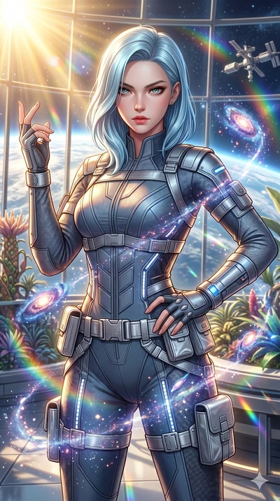 score_9, masterpiece, best quality, ultra-detailed, high-budget anime keyframe, semi-realistic 3D game render, Korean woman. Upper body close-up from the thighs up, character filling the screen for maximum presence. She is posing with dynamic energy 