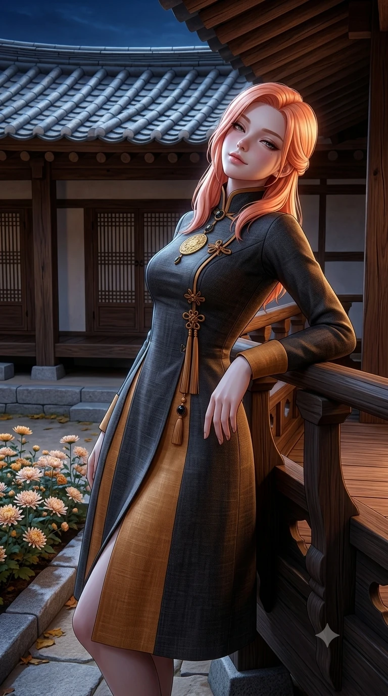 score_9, masterpiece, best quality, ultra-detailed, high-budget anime keyframe, semi-realistic 3D game render, editorial fashion photography, tasteful artistic composition, Japanese woman. close-up cowboy shot from the waist and thighs up, the character dominates the composition, filling the frame with her large presence. leaning back against the balustrade with relaxed seductive grace, head tilted back slightly while casting a hypnotic, heavy-lidded gaze while standing tall beside the stone flower bed in the hanok courtyard, arching her lower back to emphasize her curvy hips against the clay-tiled eaves. The surrounding environment is rendered in vivid detail and crisp panoramic clarity: sharp clay roof tile ridges, carved wooden maru grain, and delicate chrysanthemum petal edges in deep focus. She has an exceptionally elegant, slender, and willowy female figure with an ultra-slim waist, flat toned midriff, narrow ribcage, and sculpted feminine hips creating an alluring, slim hourglass silhouette without bulk. sharp v-shaped jawline, high-bridge nose, sparkling eyes with hypnotic seductive depth, thick curled eyelashes, glossy parted lips with a natural dewy peach sheen, alluring bedroom-eyes with an enchanting coquettish smile, exuding magnetic siren charisma and sophisticated glamour, flawlessly proportioned anatomical accuracy, strict slender model proportions, natural body alignment, perfectly sculpted long slender limbs, ultra-slim waistline, clean dynamic posture without body distortion. wearing a bespoke high-neck modernized hanbok coat dress with an architectural collar and silk norigae knot tie in smoked agarwood charcoal and warm honey amber, woven from bespoke Korean ramie fabric with crisp tactile slub texture, accented with an authentic engraved gold medallion and obsidian cabochons, the impeccably tailored cut draping gracefully along her slender figure with aristocratic eastern poise. bathed in crisp autumn moonlight washing across curved clay roof tiles and stone courtyards. highly saturated vibrant anime colors, detailed shading with soft gradients, rich glossy textures, high-contrast stereoscopic depth, volumetric dynamic lighting, master piece, 9:16 ratio